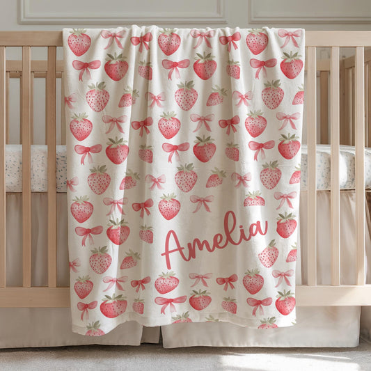 Pink Bow Personalized Blanket Baby Girl Coquette Blanket Berry Sweet Baby Blanket Custom Baby Gift Girl Baby Shower Gift New Baby Girl Gift