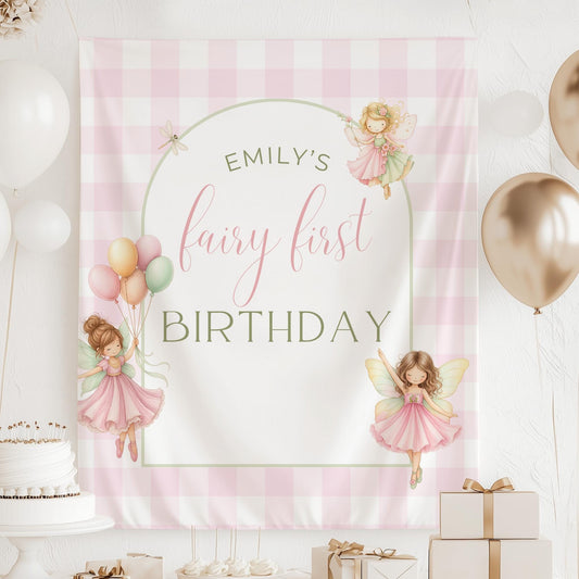Fairy First Birthday Banner Personalized Party Decor Whimsical Garden Theme Custom Birthday Celebration Custom Highchair Banner 1st birthday Pink gingham