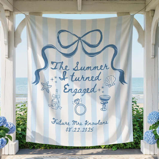 The Summer I Turned Engaged Banner Personalized Coastal Beach Bachelorette Party Decor Engagement Bridal Shower Photo Backdrop