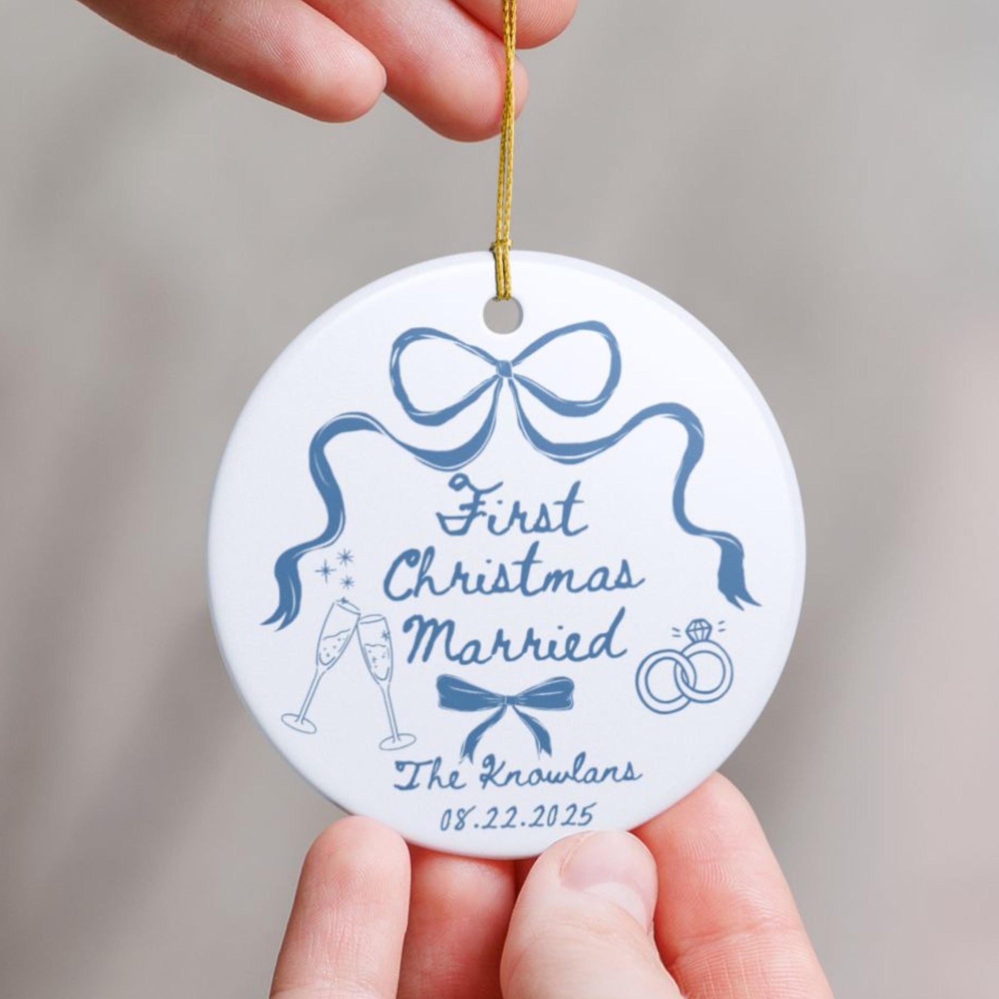 Custom First Christmas Married Ornament 1st Anniversary Gift Personalized Holiday Couple Gift Coquette Bow Holiday Newlywed Wedding Gift