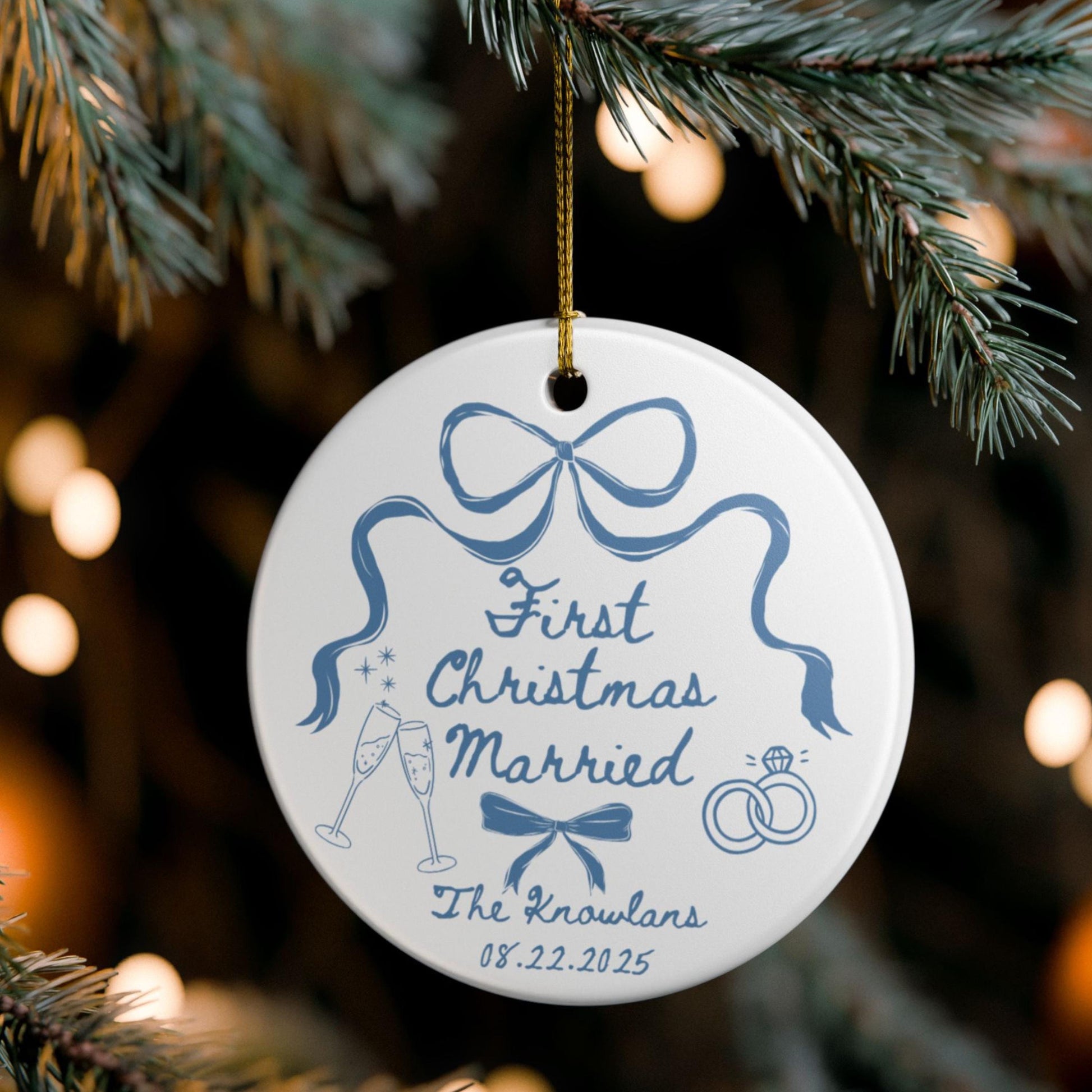 Custom First Christmas Married Ornament, 1st Anniversary Gift, Personalized Holiday Couple Gift, Coquette Bow Mr Mrs Newlywed Wedding Gift