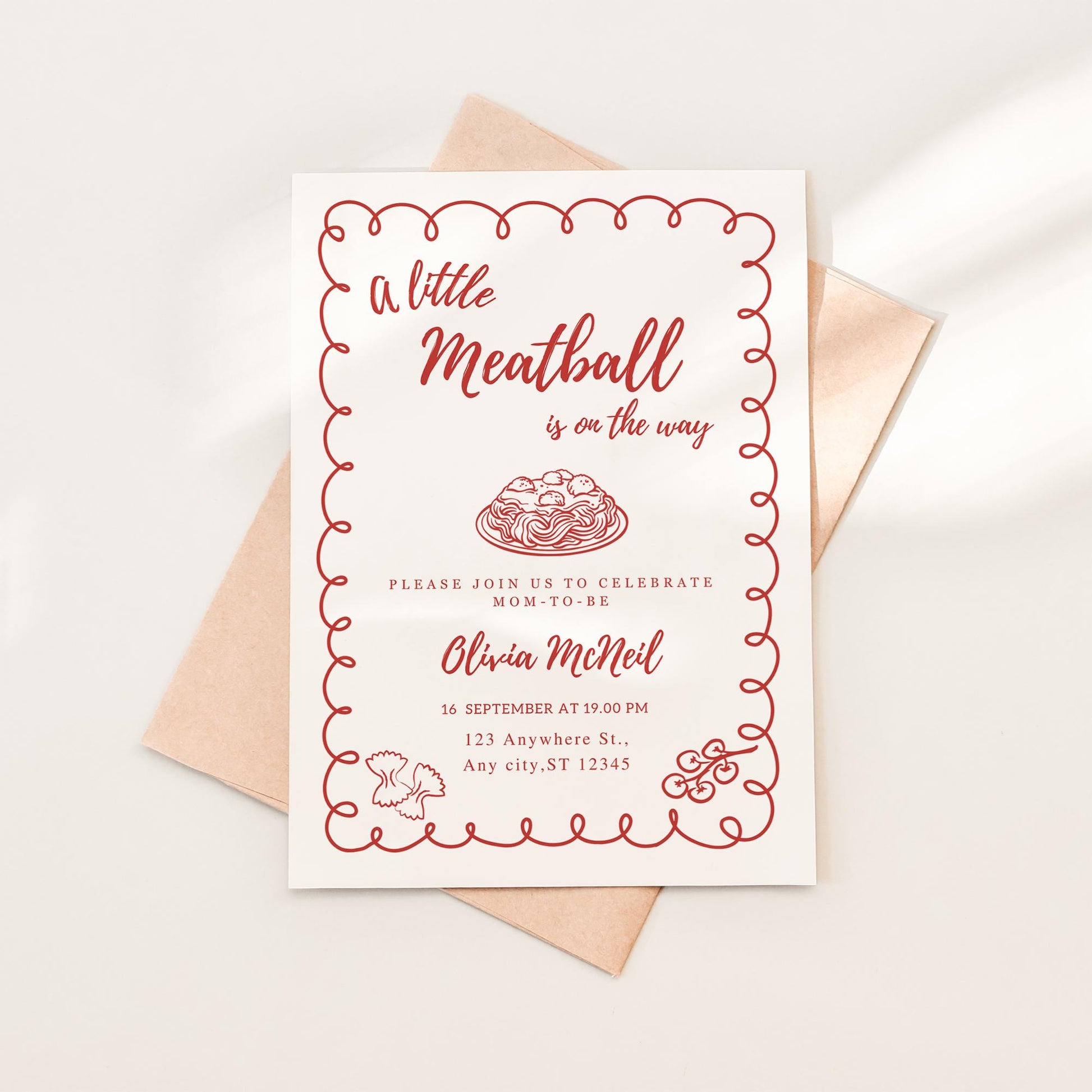 A Little Meatball Is On the Way Baby Shower Invitation | Italian Baby Invite | Pasta Baby Shower | Editable Template | Gender Neutral