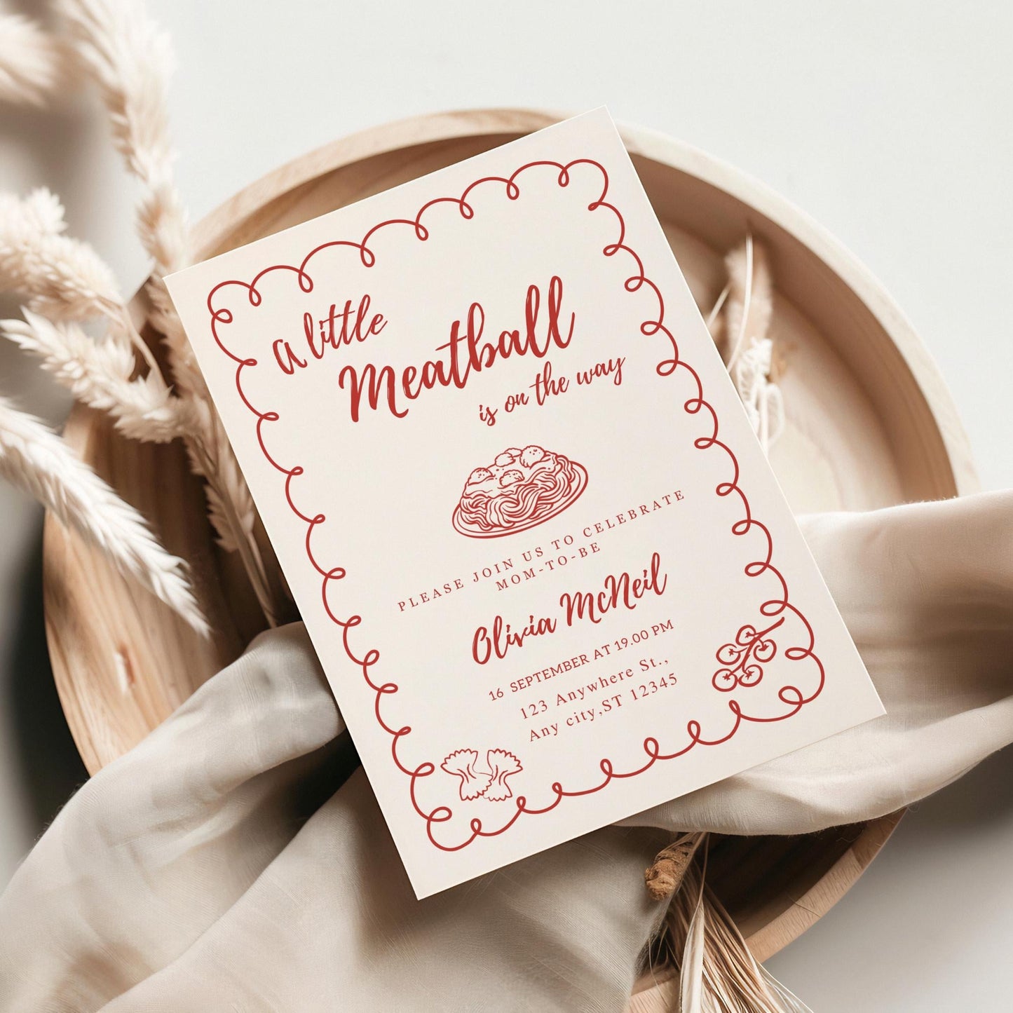 Meatball Baby Shower Invitation Template | Editable A little Meatball is on the Way Spaghetti Baby Shower Invite Digital Download