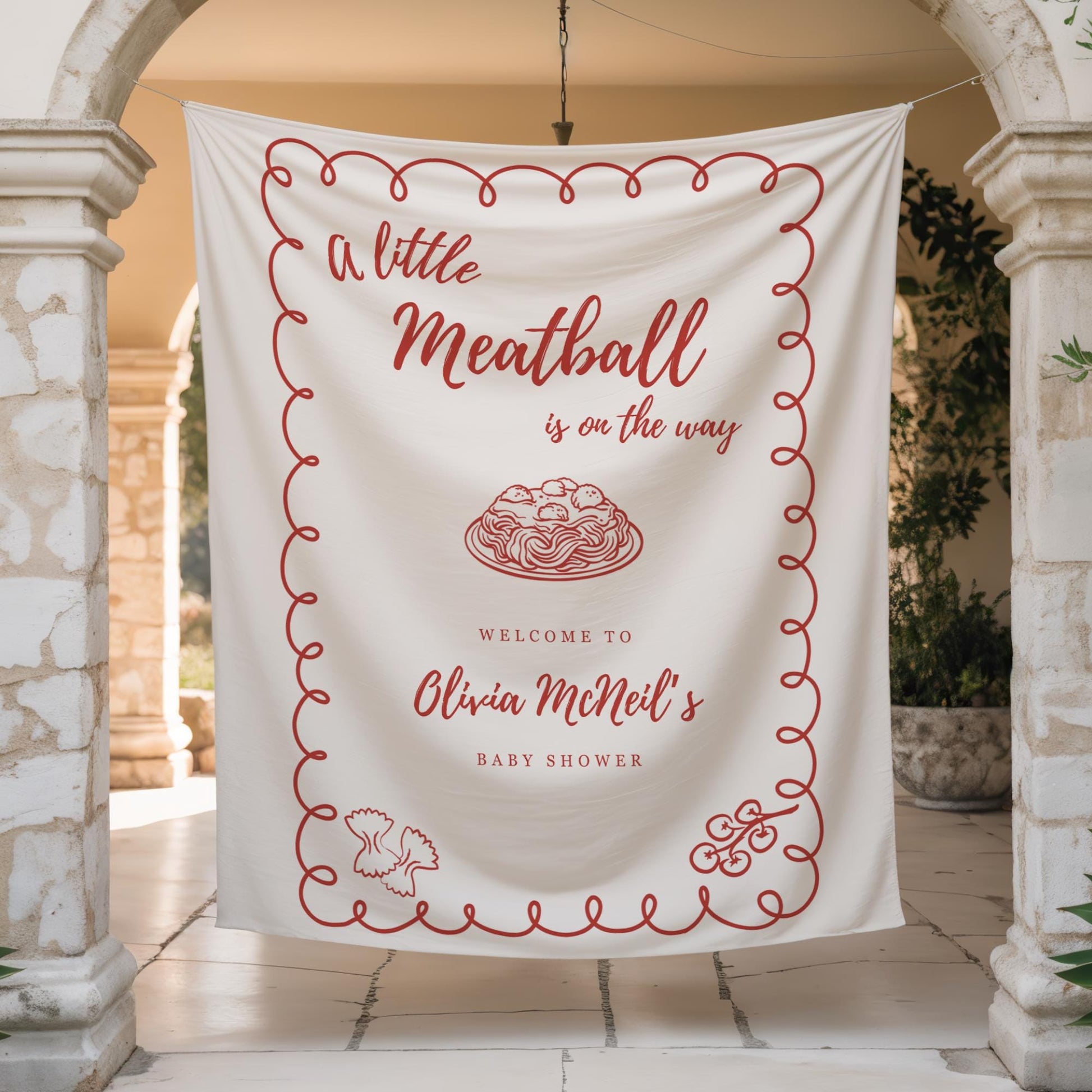 A Little Meatball is on the way Baby Shower Backdrop Italian Baby Shower Welcome Sign Pasta Theme Banner Personalized Decor Spaghetti Party