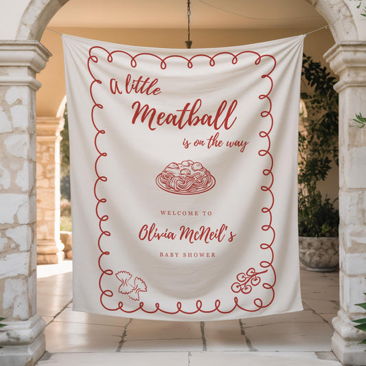 A Little Meatball is on the way Baby Shower Backdrop Italian Baby Shower Welcome Sign Pasta Theme Banner Personalized Decor Spaghetti Party