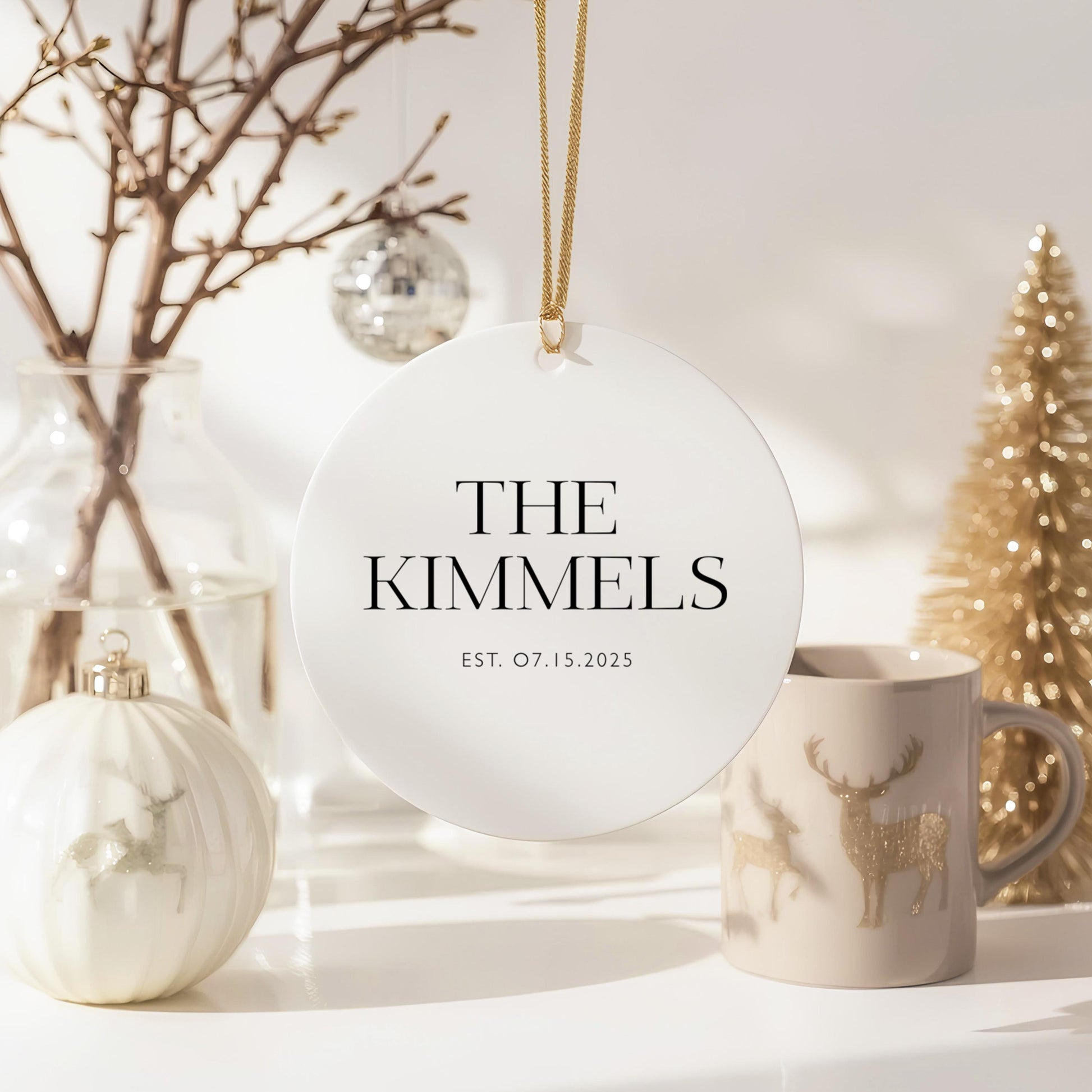 Wedding Keepsake Ornament Personalized Family Gift Custom Name Design White Ceramic Round First Christmas Together Modern Style Gold String Accent Holiday Display Collection Special Celebration Memory Beautiful Marriage Tradition Gift