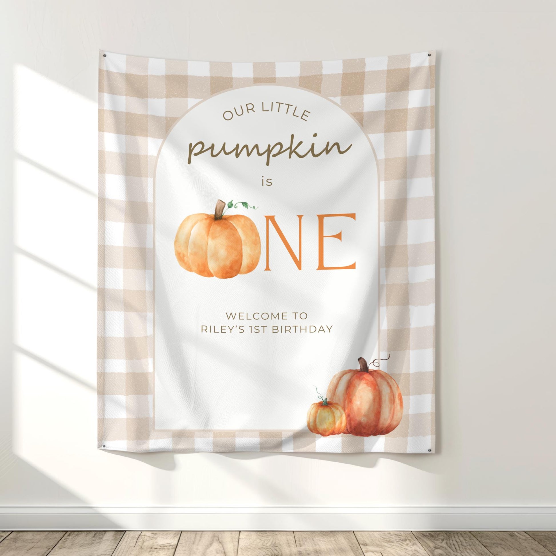 Our little pumpkin is One Banner Birthday Personalized Welcome Sign Gender neutral 1st Birthday Autumn Party Decor Photo Backdrop Gingham