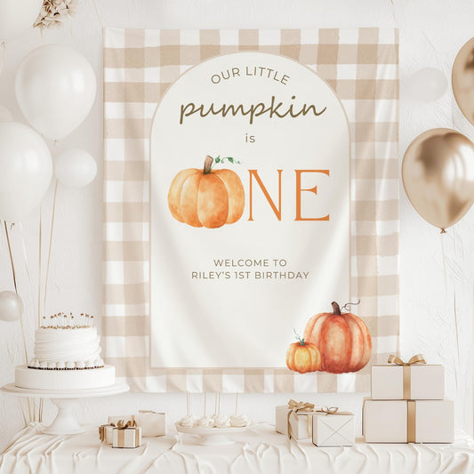 Our little pumpkin is One Banner Birthday Personalized Welcome Sign Gender neutral 1st Birthday Autumn Party Decor Photo Backdrop Gingham