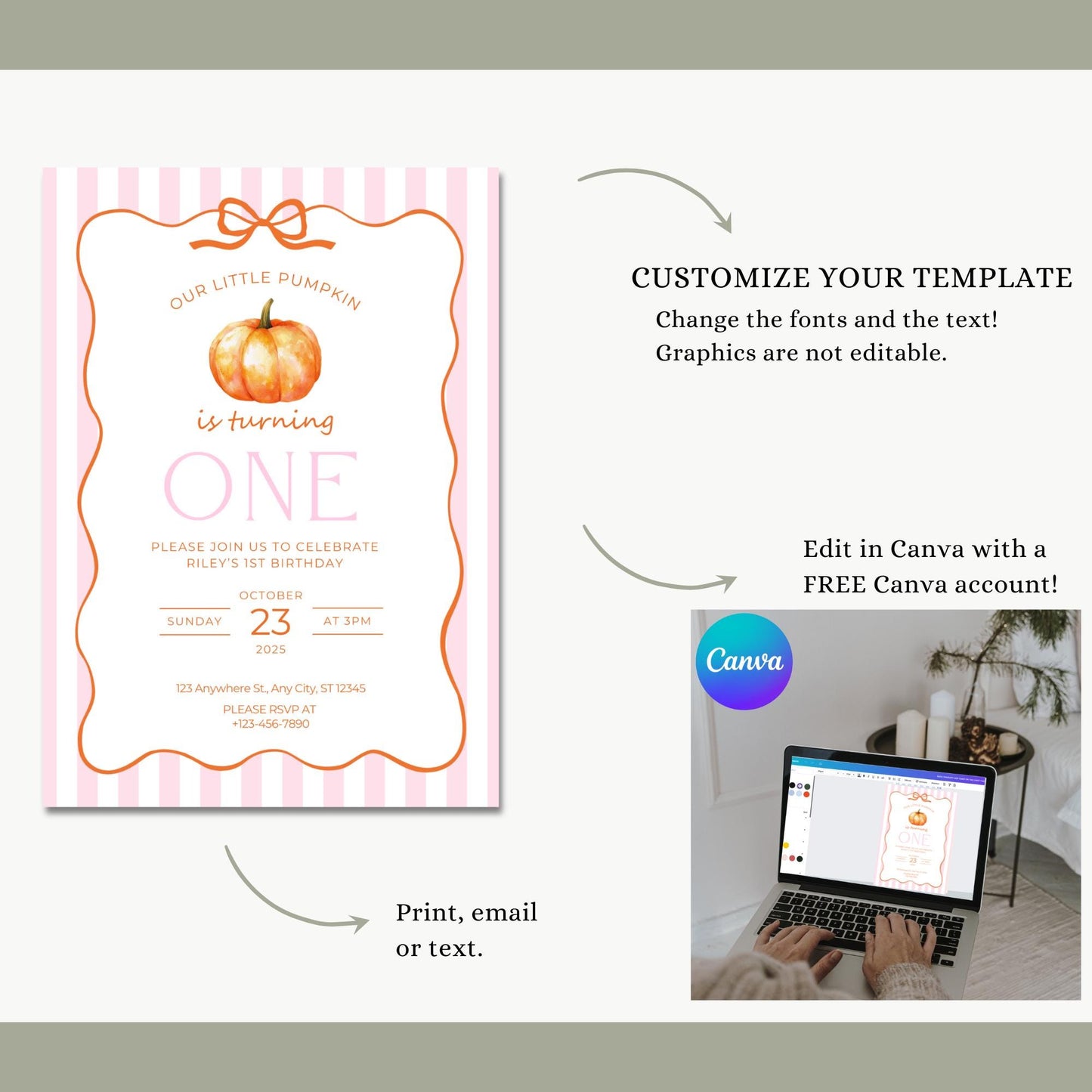 Our little pumpkin is turning one invitation, Customizable First Birthday Invite, Fall Pumpkin Party Template