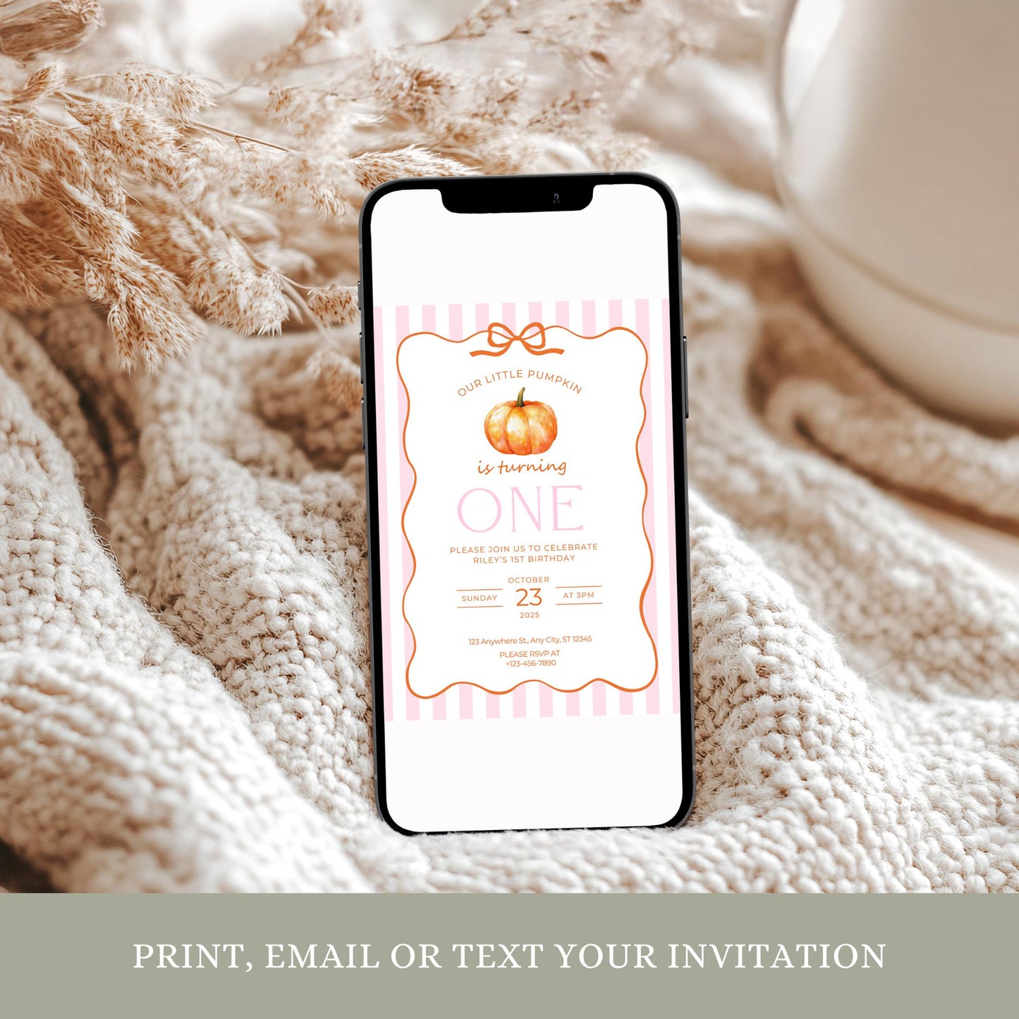 Our little pumpkin is turning one invitation, Unique Editable First Birthday Invite, Autumn Pumpkin Celebration