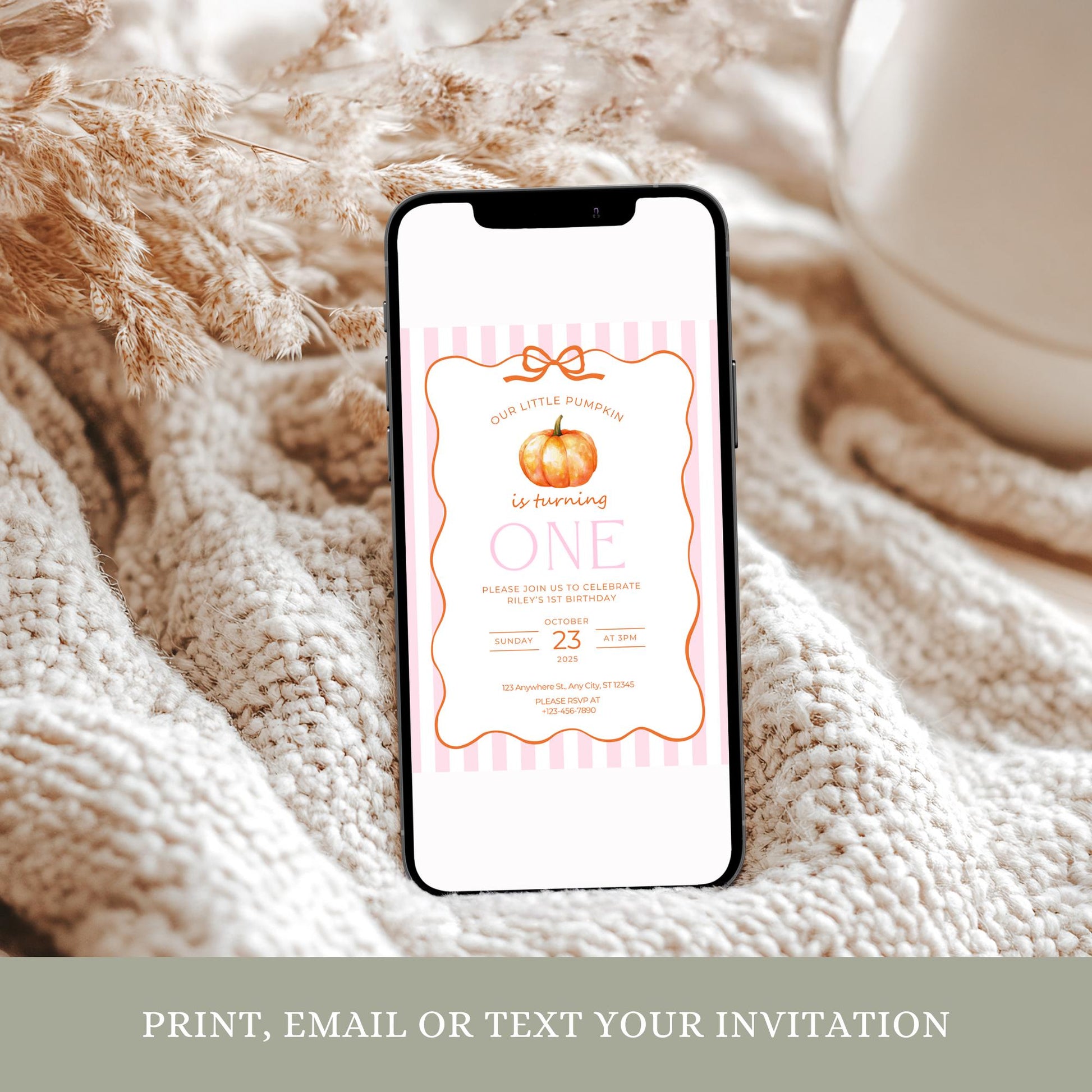 Our little pumpkin is turning one invitation, Unique Editable First Birthday Invite, Autumn Pumpkin Celebration