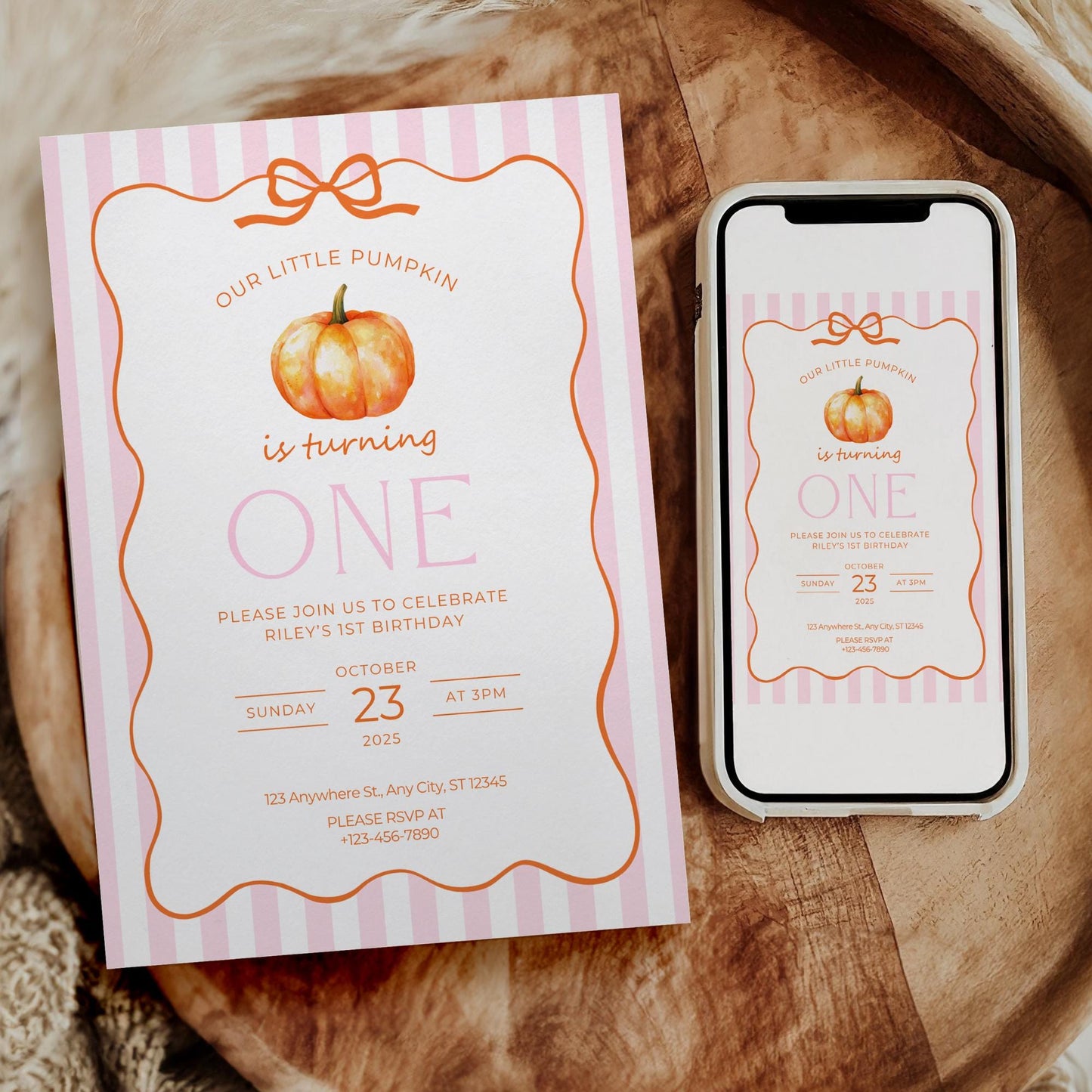 Our little pumpkin is turning one invitation, Editable Pink Pumpkin First Birthday Invite, Fall Party Template