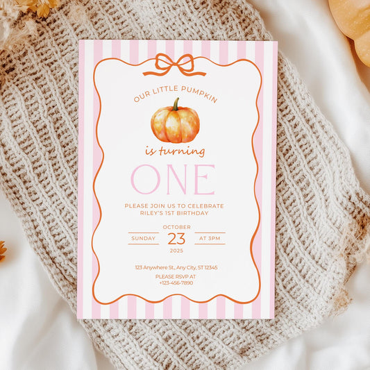 Our Little Pumpkin First Birthday Invitation Girl Fall Birthday Invite Pink Pumpkin Theme Editable Autumn One Printable Template Canva