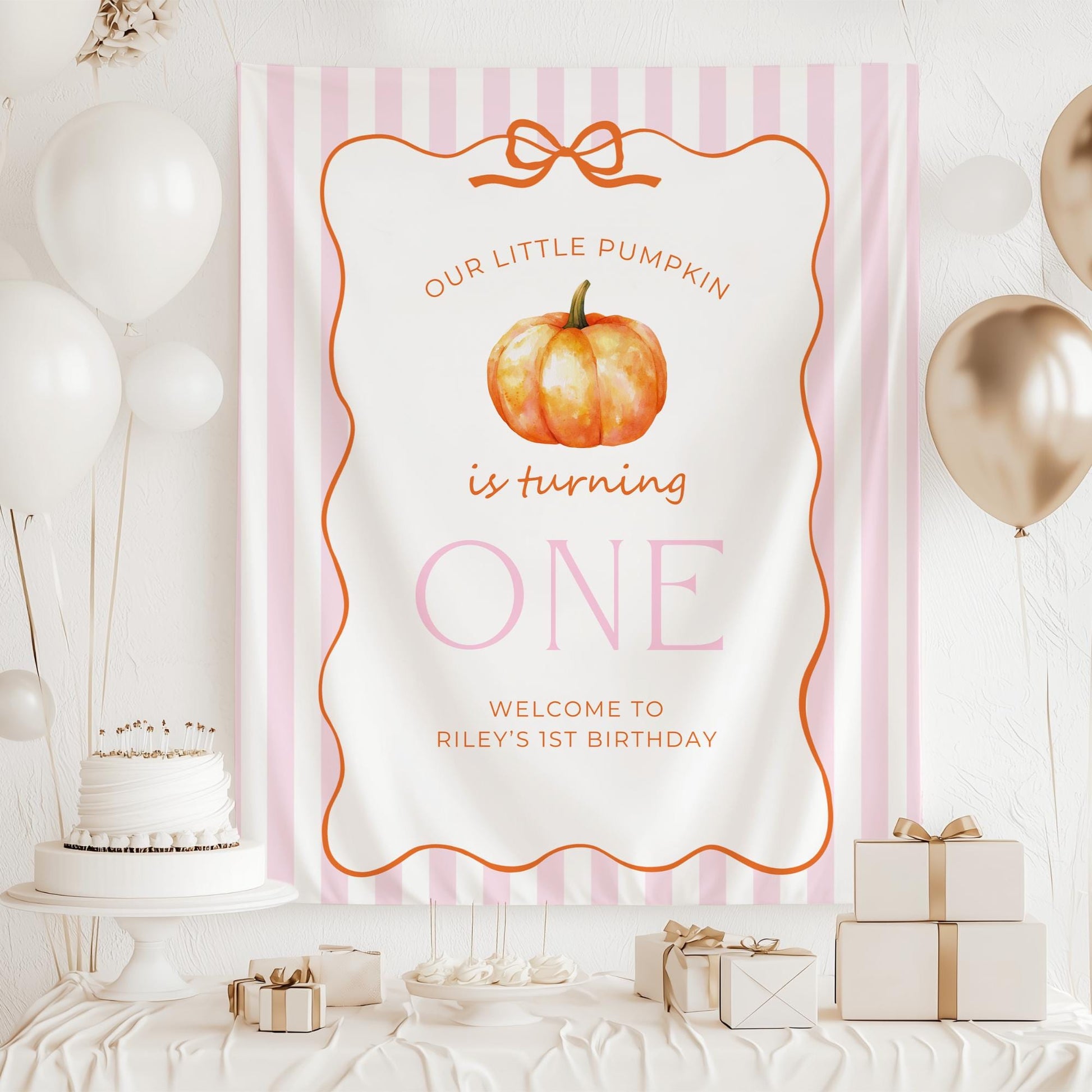 Our Little Pumpkin is Turning One Banner 1st Birthday Pumpkin Decor Fall Birthday Party Sign Custom Backdrop Pink Bow First Birthday Sign