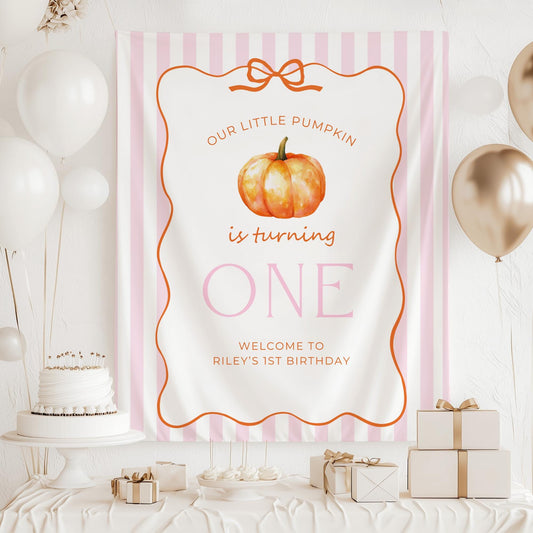 Our Little Pumpkin is Turning One Banner 1st Birthday Pumpkin Decor Fall Birthday Party Sign Custom Backdrop Pink Bow First Birthday Sign