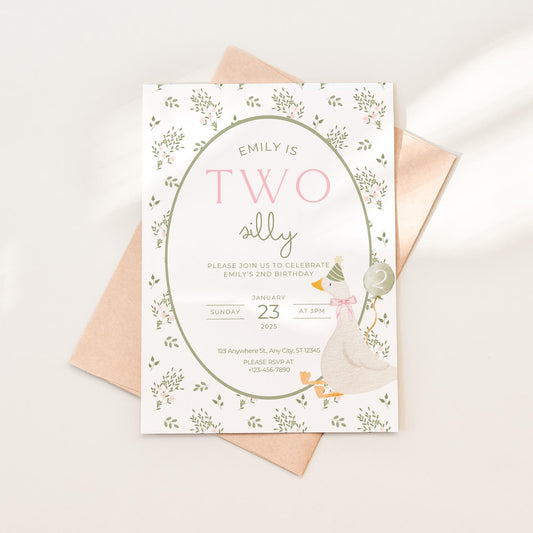 Two Silly Goose Birthday Invite Vintage Floral Second Birthday Decor 2nd Birthday Silly Goose Decor Editable Invitation Got too Silly Goose