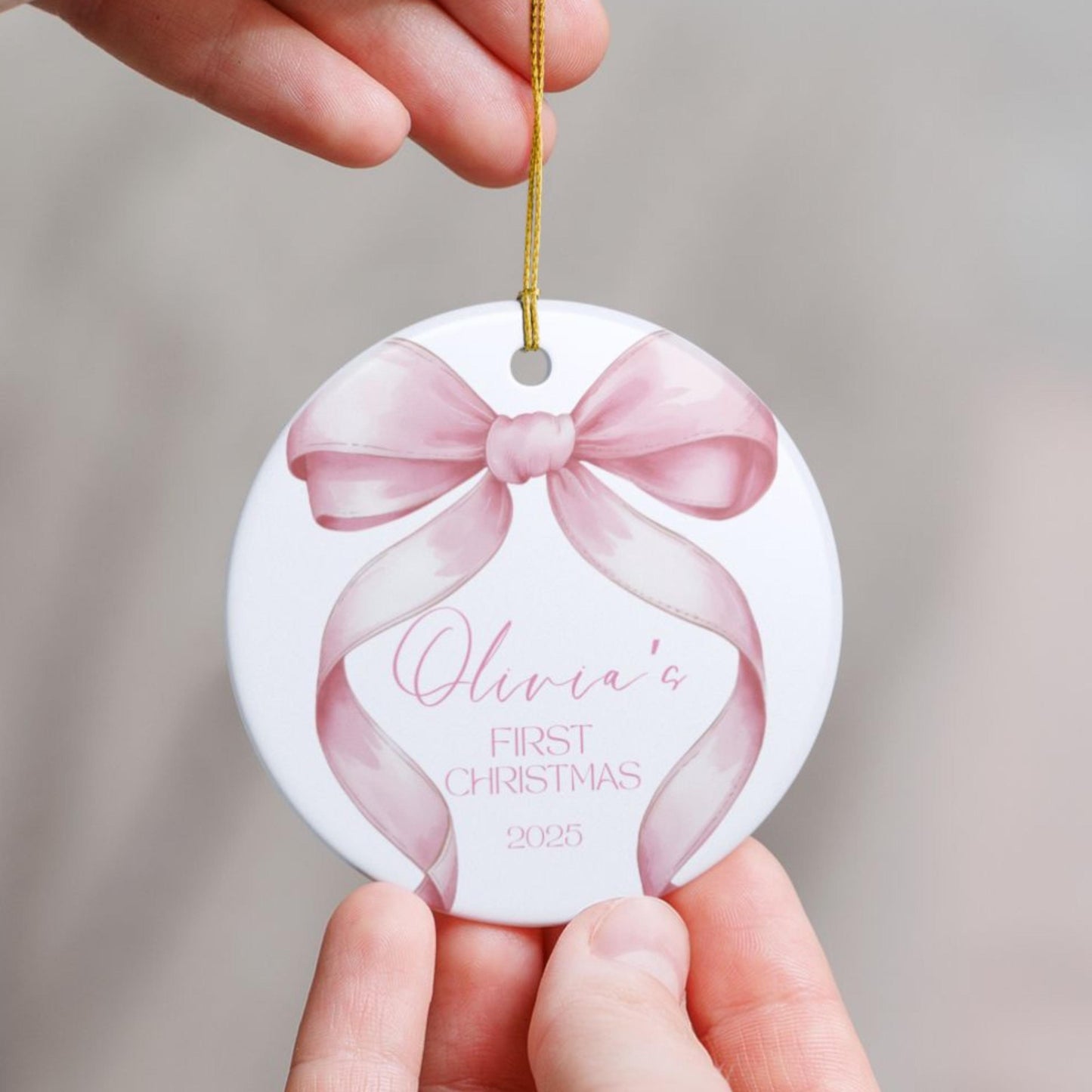 Pink Bow Baby&#39;s First Christmas Ornament, Custom Name Keepsake, Holiday Gift for Baby Girl, 2025
