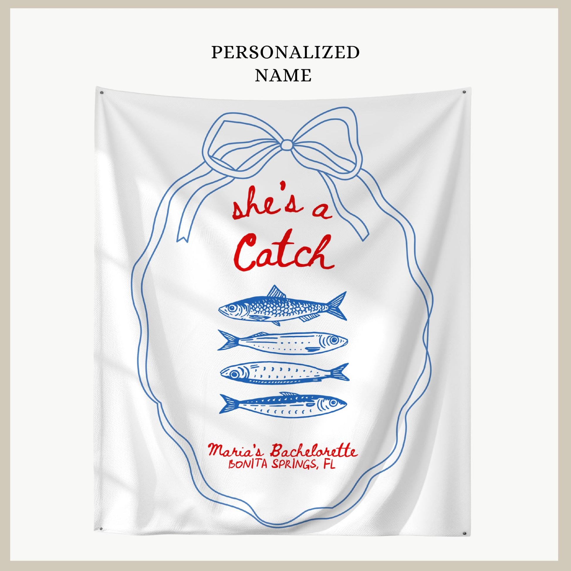 She&#39;s a Catch Bachelorette Banner Custom Fishing Theme Bachelorette Decor East Coast Bridal Shower Photo Backdrop Coastal Bachelorette Sign