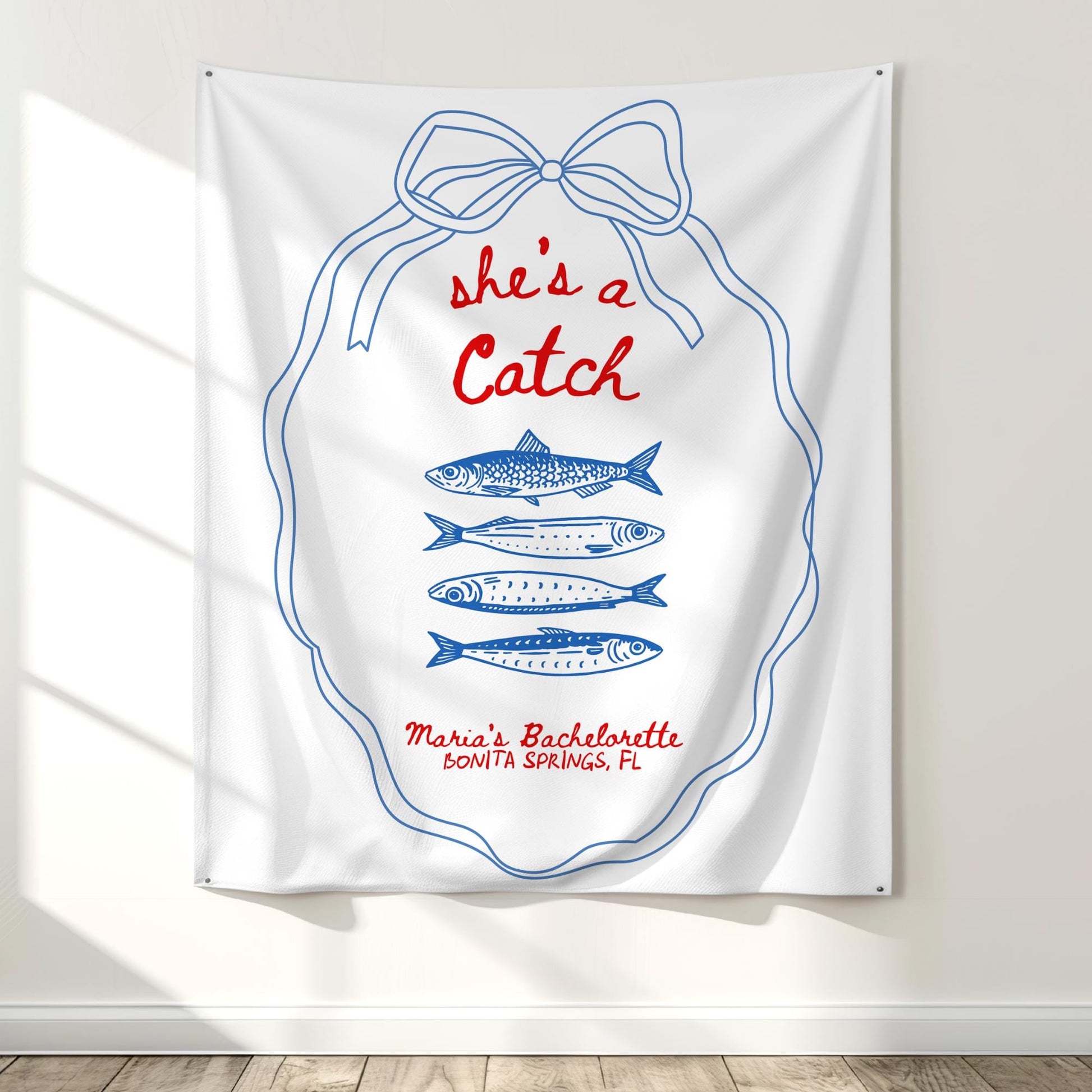 She&#39;s a Catch Bachelorette Banner Custom Fishing Theme Bachelorette Decor East Coast Bridal Shower Photo Backdrop Coastal Bachelorette Sign