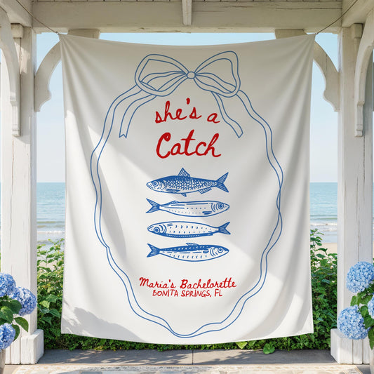 She&#39;s a Catch Bachelorette Banner Custom Fishing Theme Bachelorette Decor East Coast Bridal Shower Photo Backdrop Coastal Bachelorette Sign