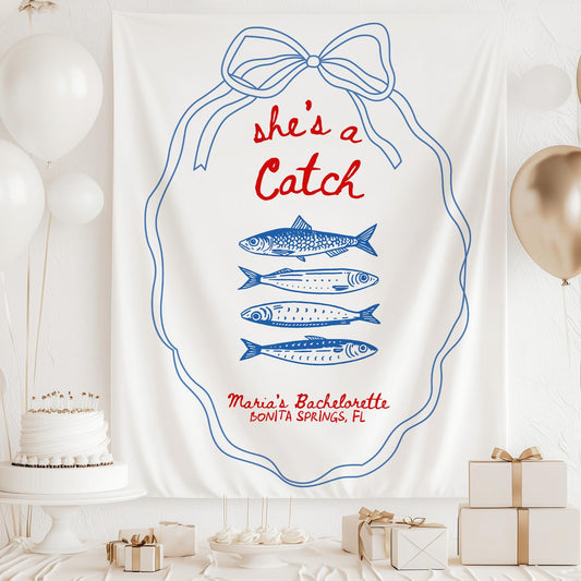 She&#39;s a Catch Bachelorette Banner Custom Fishing Theme Bachelorette Decor East Coast Bridal Shower Photo Backdrop Coastal Bachelorette Sign