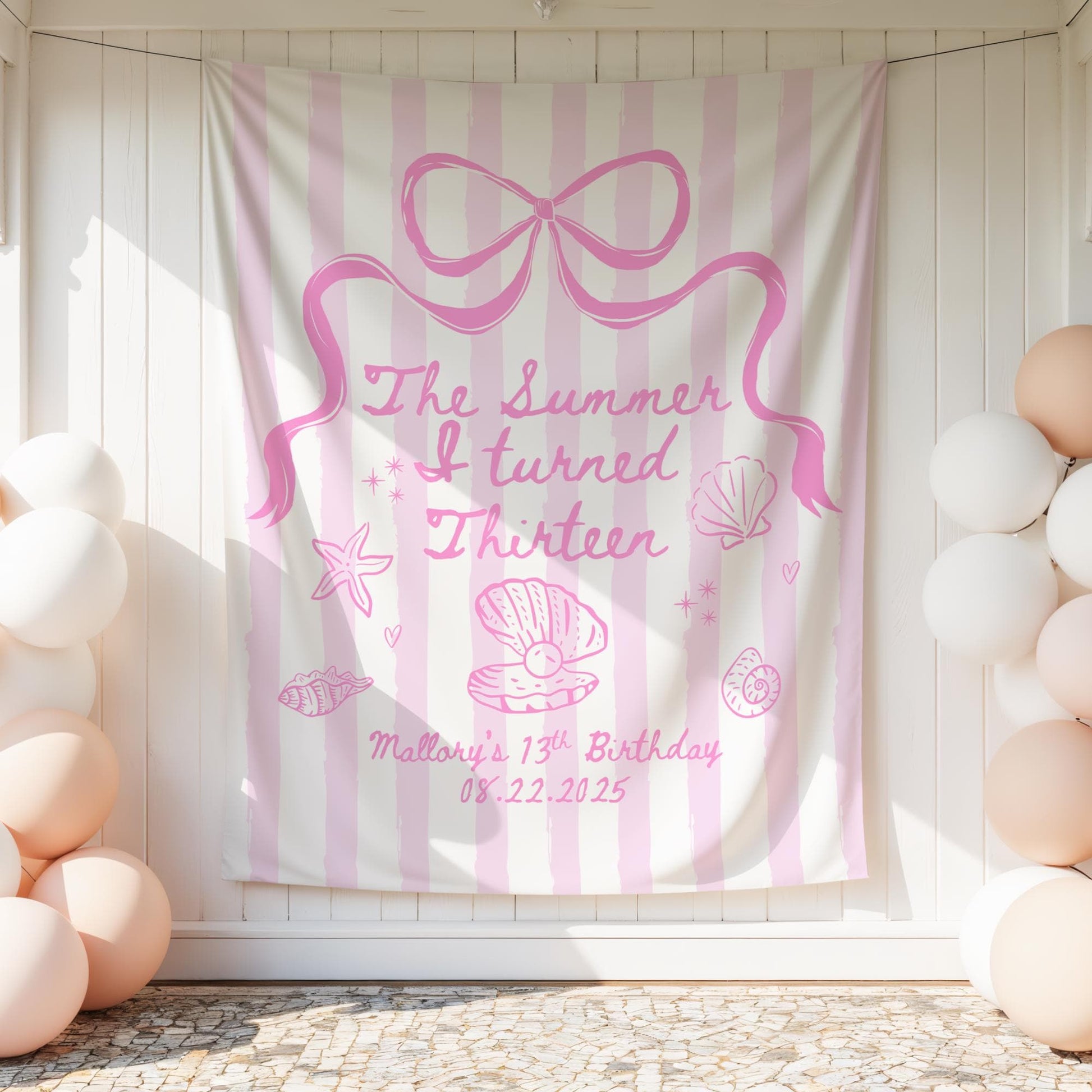 The Summer I Turned Birthday Backdrop | Personalized Seashell Birthday Party Large Fabric Flag Banner | Summer I Turned 13 Birthday