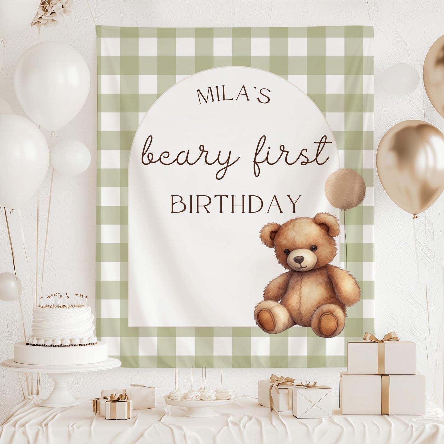 Beary First Birthday Banner, Custom Teddy Bear Decorations, Woodland Animal Party Decor for 1st Birthday