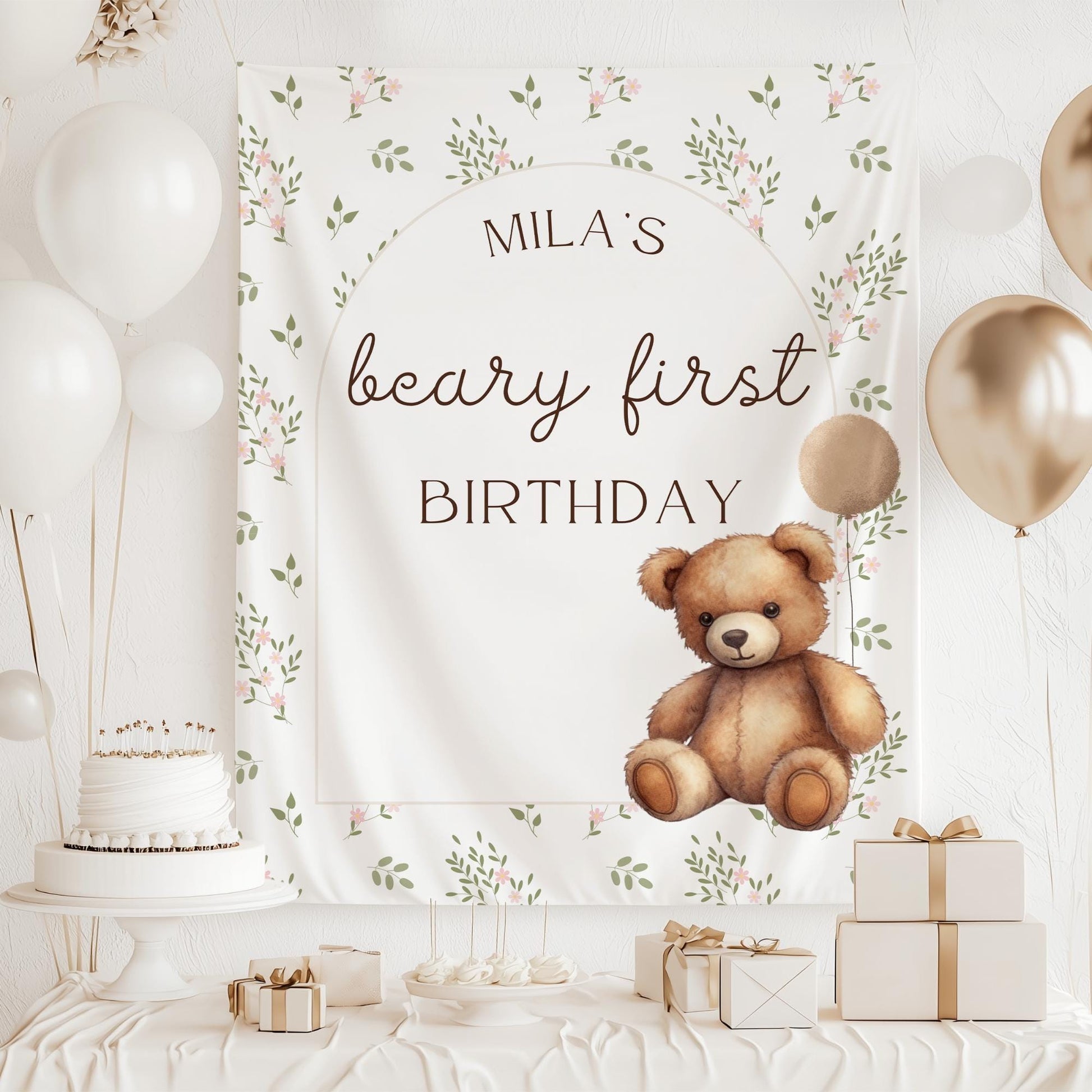 Beary First Birthday Banner, Personalized Teddy Bear Party Decor, Cute Woodland Animal Decorations for 1st Birthday