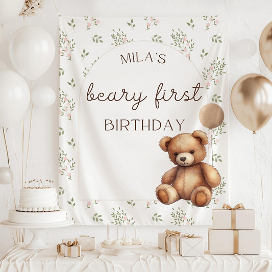 Beary First Birthday Banner, Personalized Teddy Bear Party Decor, Cute Woodland Animal Decorations for 1st Birthday