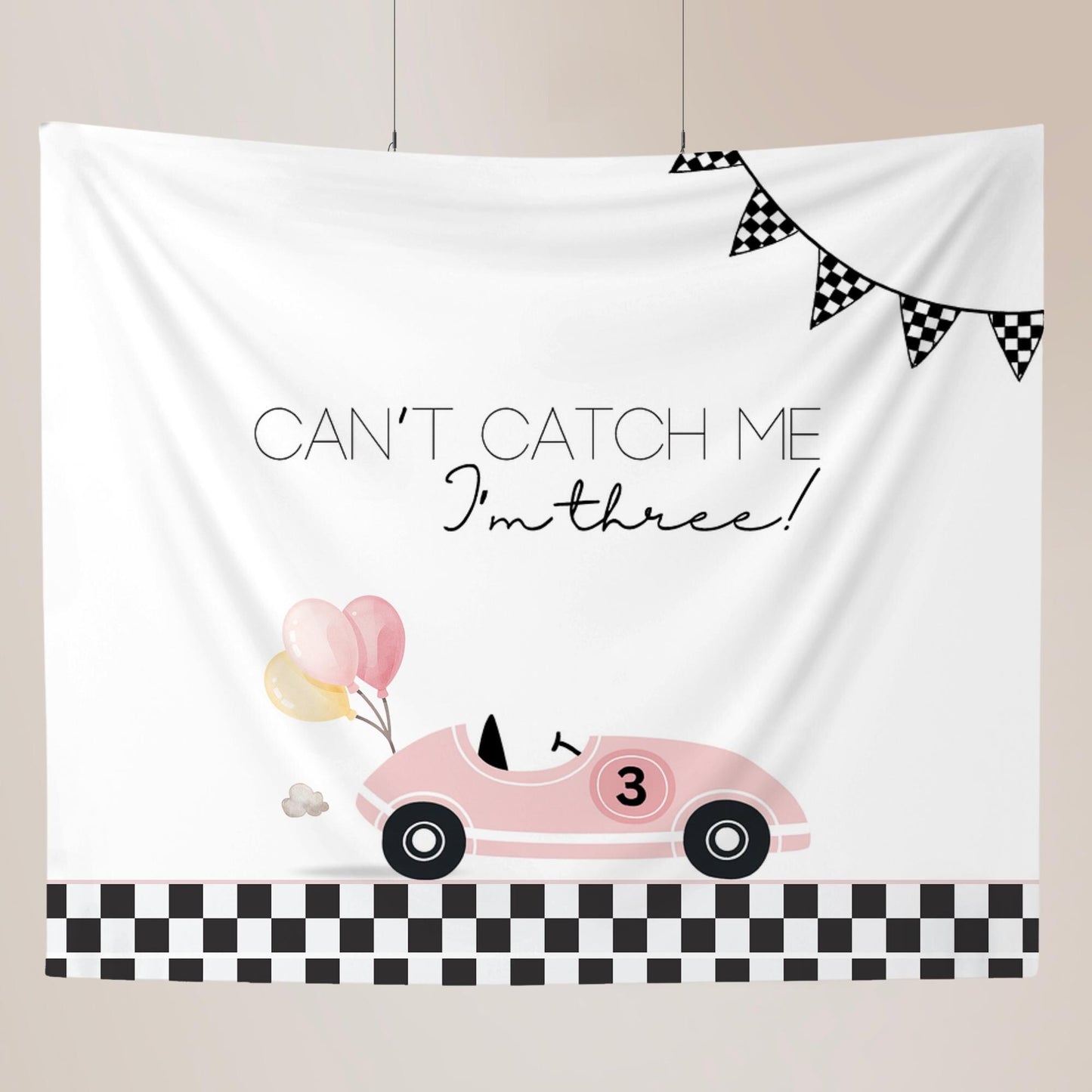 Racecar 3rd Birthday Personalized Banner Girl Can&#39;t catch me I&#39;m Three Party Decor Photo Backdrop Racing Custom Banner Race Track