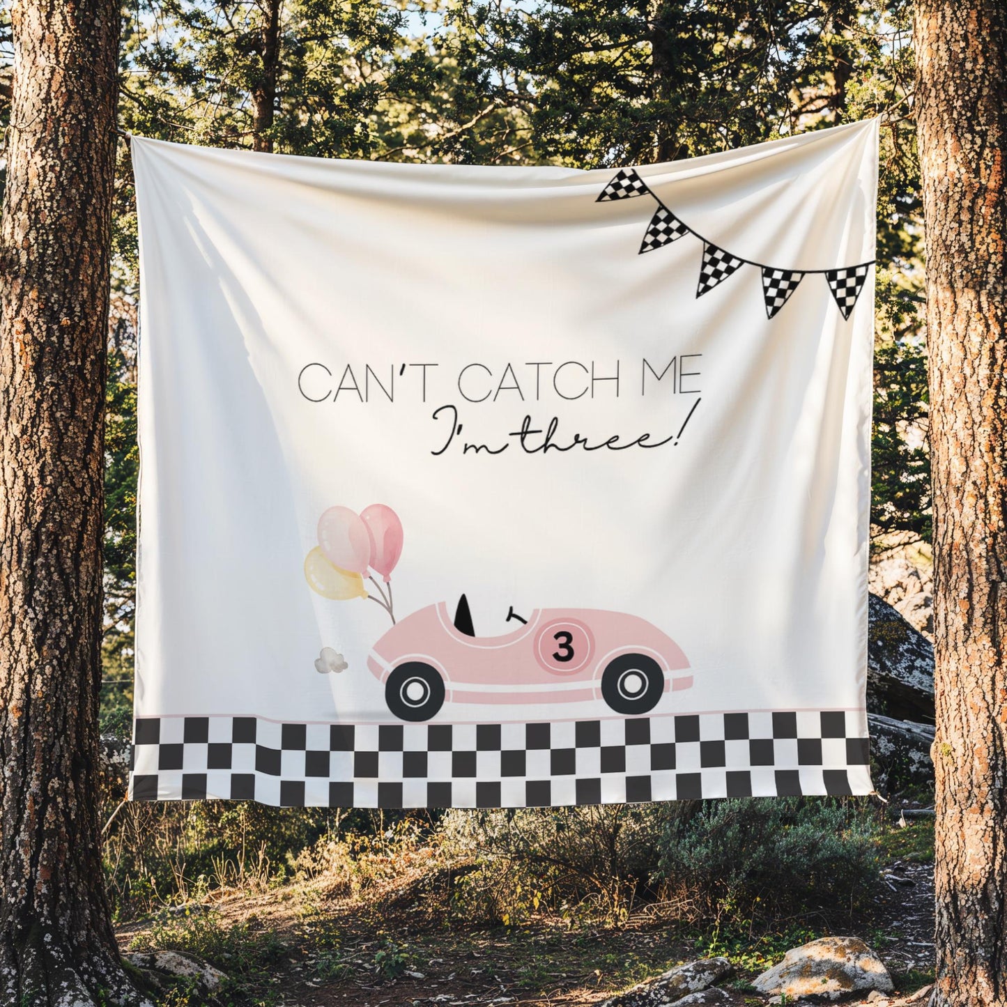 Racecar 3rd Birthday Personalized Banner Girl Can&#39;t catch me I&#39;m Three Party Decor Photo Backdrop Racing Custom Banner Race Track