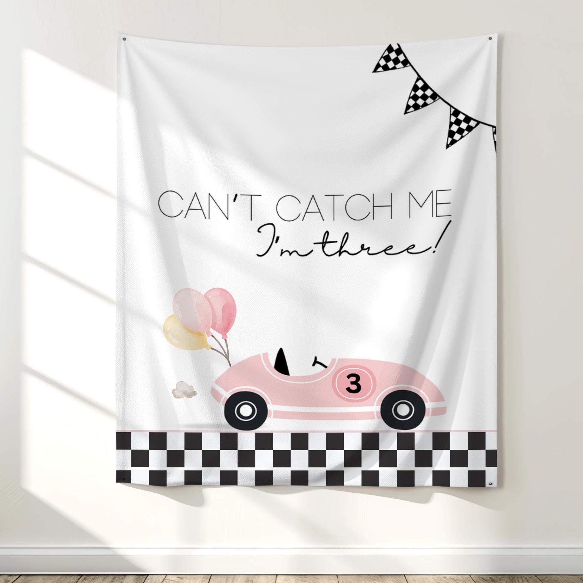 Racecar 3rd Birthday Personalized Banner Girl Can&#39;t catch me I&#39;m Three Party Decor Photo Backdrop Racing Custom Banner Race Track