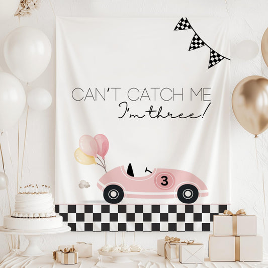 Racecar 3rd Birthday Personalized Banner Girl Can&#39;t catch me I&#39;m Three Party Decor Photo Backdrop Racing Custom Banner Race Track