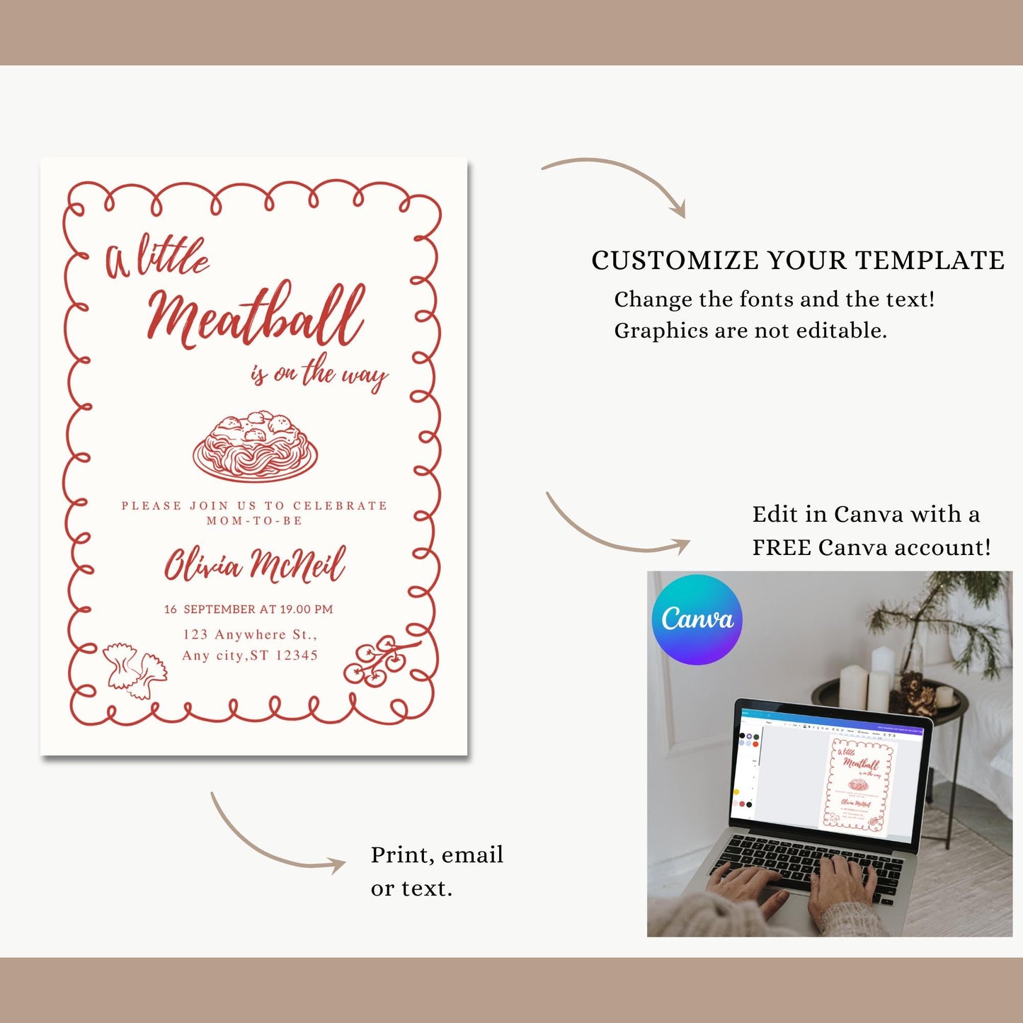 funny baby invite, instant downlaod, meatball baby, italian shower, pasta baby invite, olive oil invite, baby shower invite, diy baby shower, editable template, food theme baby, gender neutral, italian baby invite, little meatball