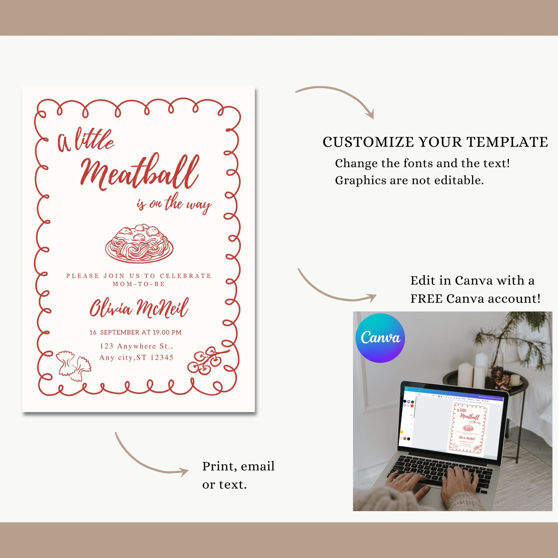 funny baby invite, instant downlaod, meatball baby, italian shower, pasta baby invite, olive oil invite, baby shower invite, diy baby shower, editable template, food theme baby, gender neutral, italian baby invite, little meatball