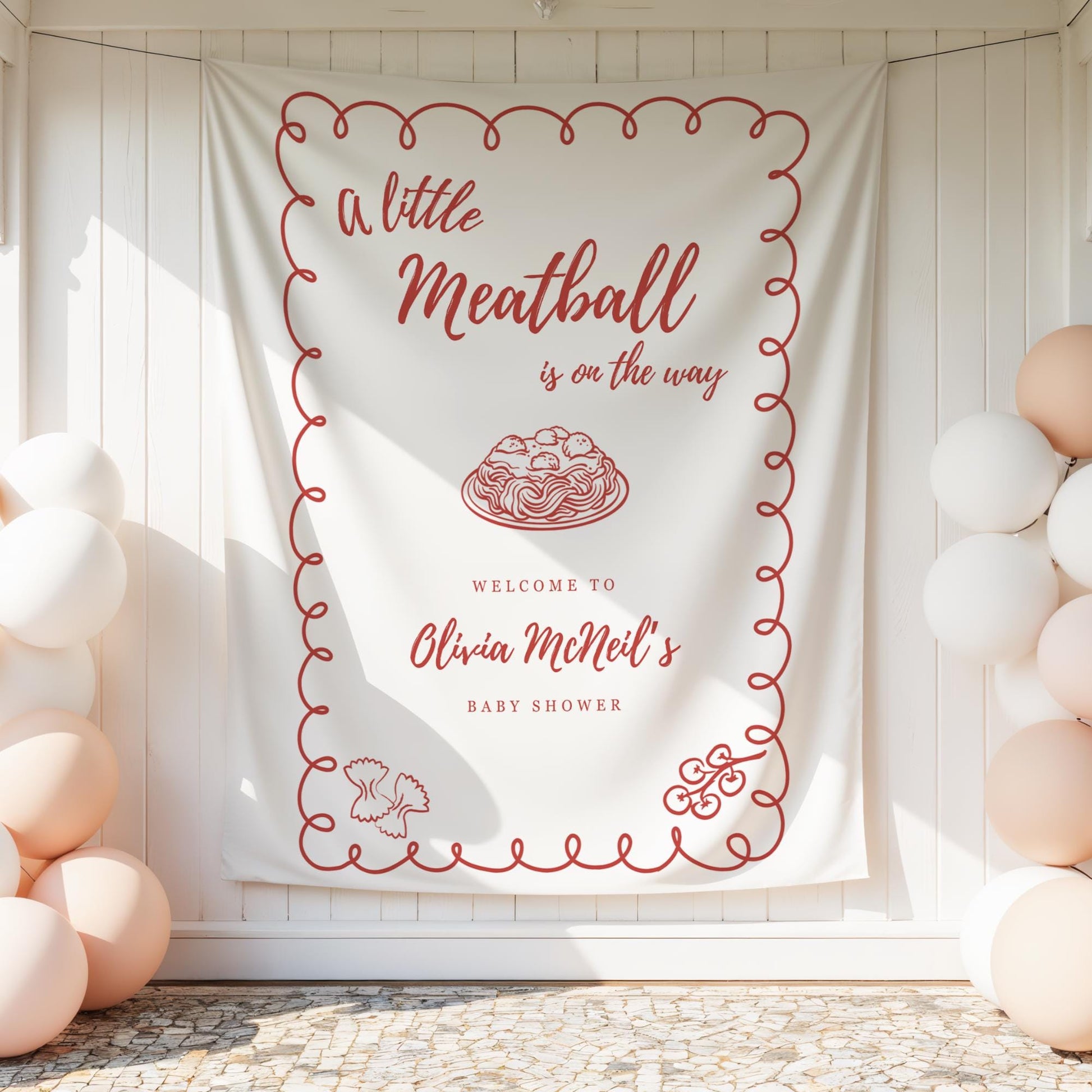 A Little Meatball is on the way Baby Shower Backdrop Italian Baby Shower Welcome Sign Pasta Theme Banner Personalized Decor Spaghetti Party