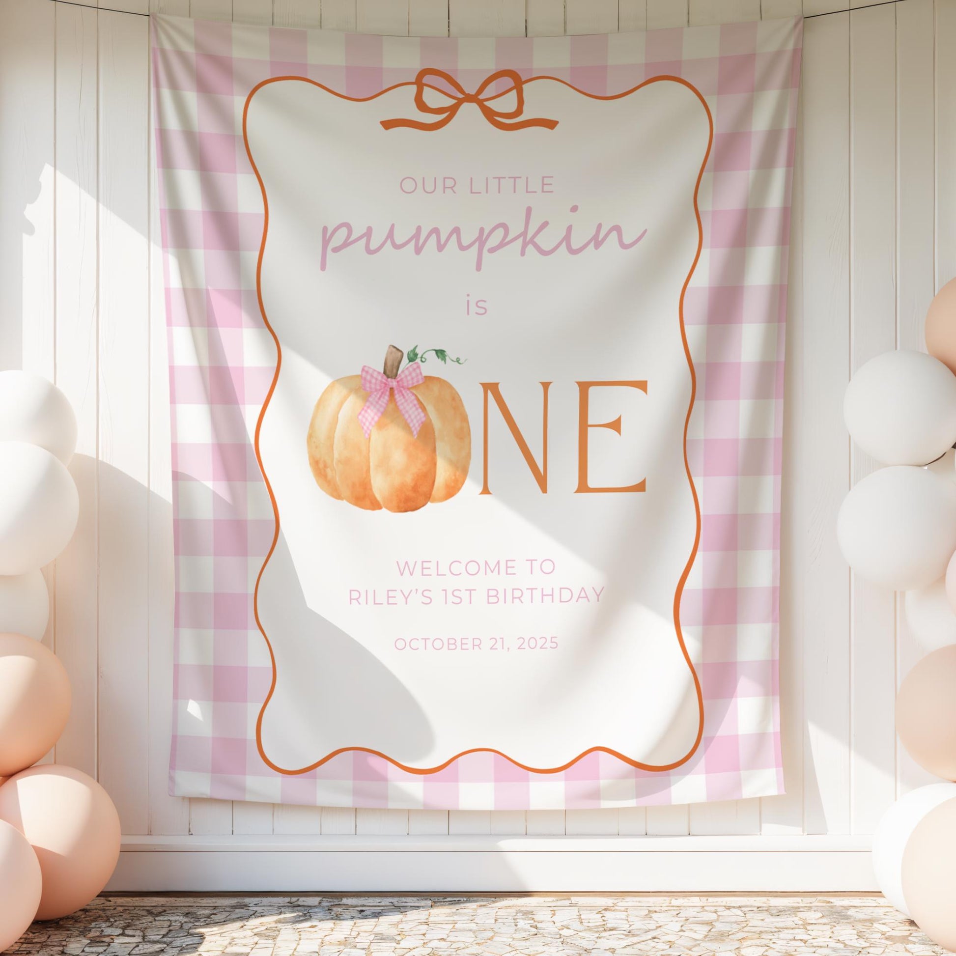 Our Little Pumpkin is One Banner, Pink Gingham Birthday Decor, First Birthday Party