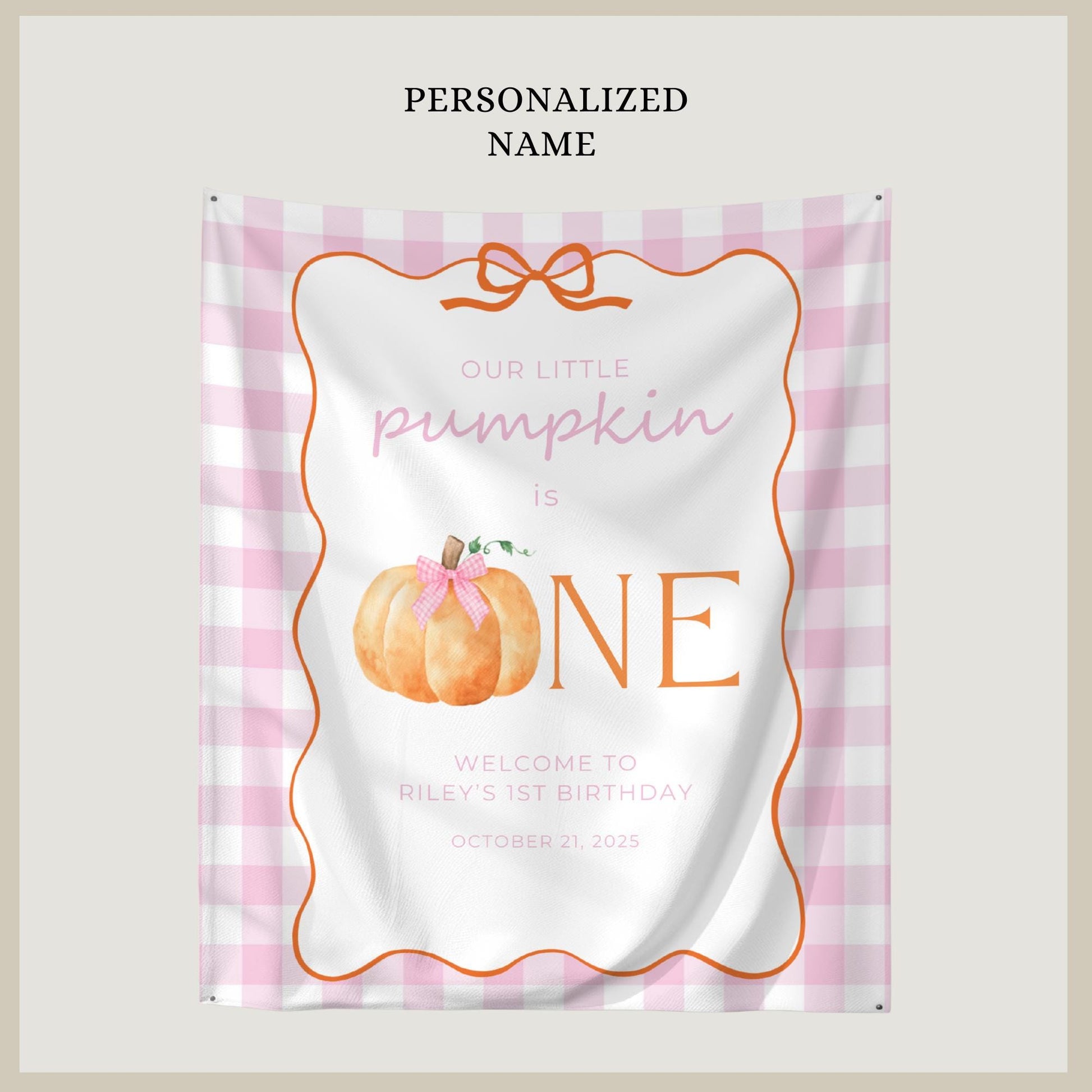 Our Little Pumpkin is One Banner, Pink Gingham, First Birthday Celebration Decoration