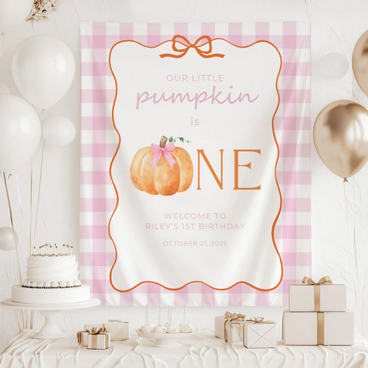 Our little pumpkin is One Banner Birthday Personalized Welcome Sign Girl 1st Birthday Autumn Party Decor Photo Backdrop Pink Gingham Bow