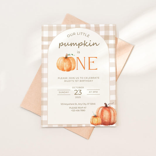 Our Little Pumpkin Is One Invitation, Editable Fall Birthday Invite, Cute Pumpkin Party Template, Digital Download