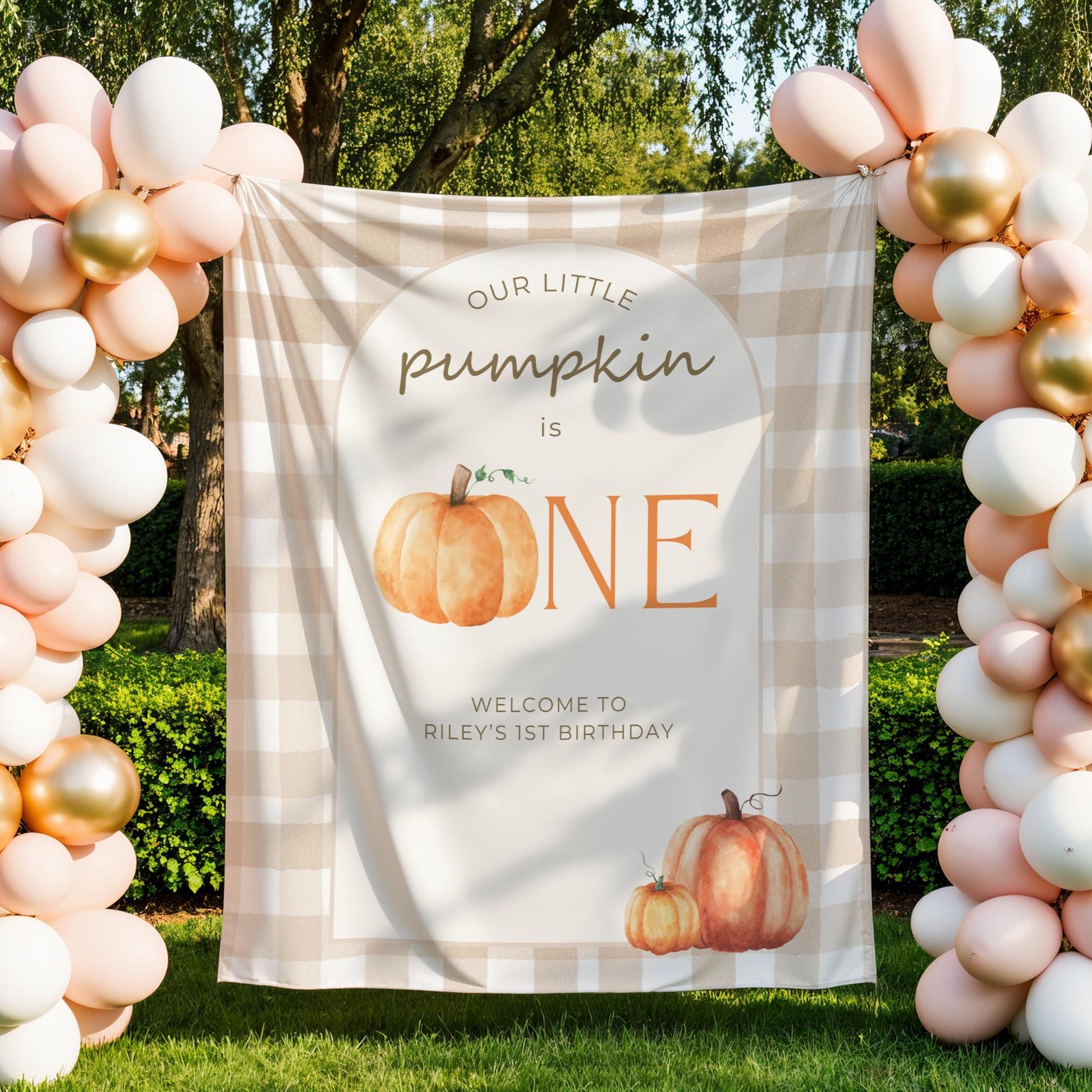 Our little pumpkin is One Banner Birthday Personalized Welcome Sign Gender neutral 1st Birthday Autumn Party Decor Photo Backdrop Gingham