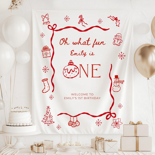 Christmas First Birthday Banner Oh What Fun it is to be One Welcome Sign Whimsical 1st Birthday Decor Coquette Bow Holiday Party Hand Drawn