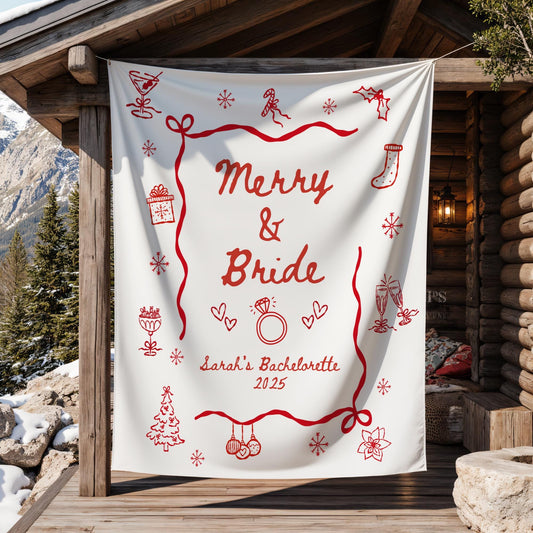 Custom Christmas Bachelorette Party Banner Decor Personalized Christmas Bridal Shower Welcome Sign Tapestry Merry And Bride Photo Backdrop