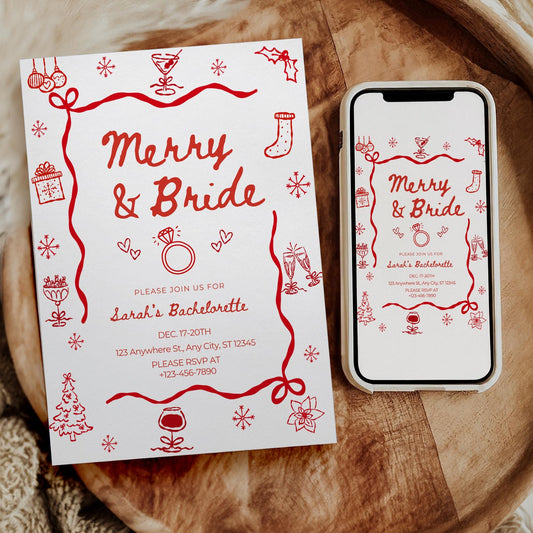 Merry and Bride Bachelorette Invitation Template Editable Christmas Bridal Shower Invite Christmas Party Itinerary Christmas Party Ideas