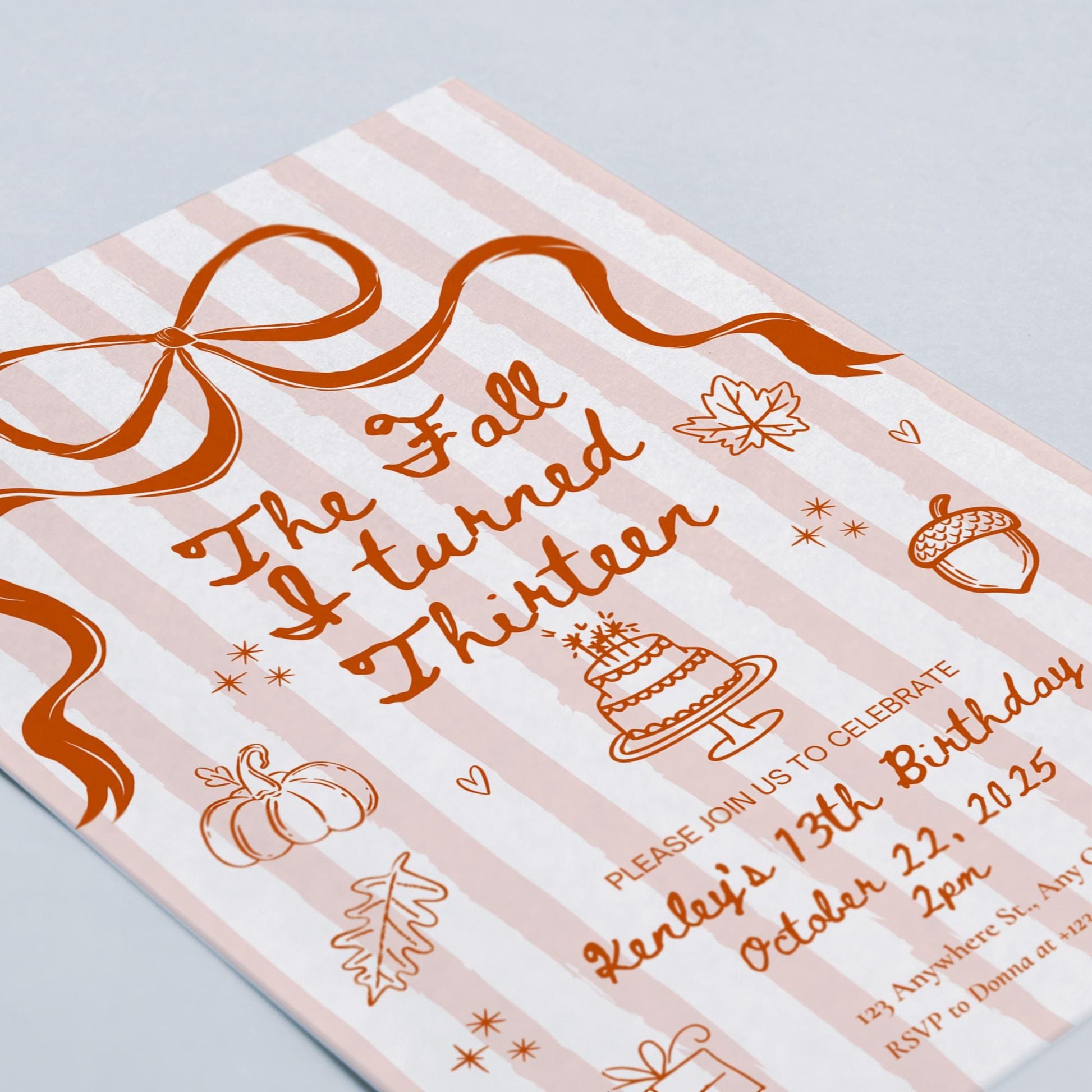 The Fall I turned 13 Birthday Invitation Any Age Custom Party Invite Autumn Birthday Template Teen Girl Party Supplies Pre teen Party Decor