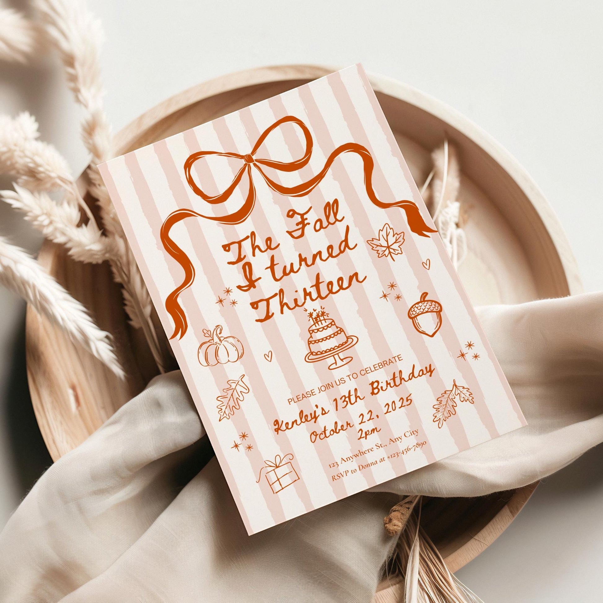 The Fall I turned 13 Birthday Invitation Any Age Custom Party Invite Autumn Birthday Template Teen Girl Party Supplies Pre teen Party Decor