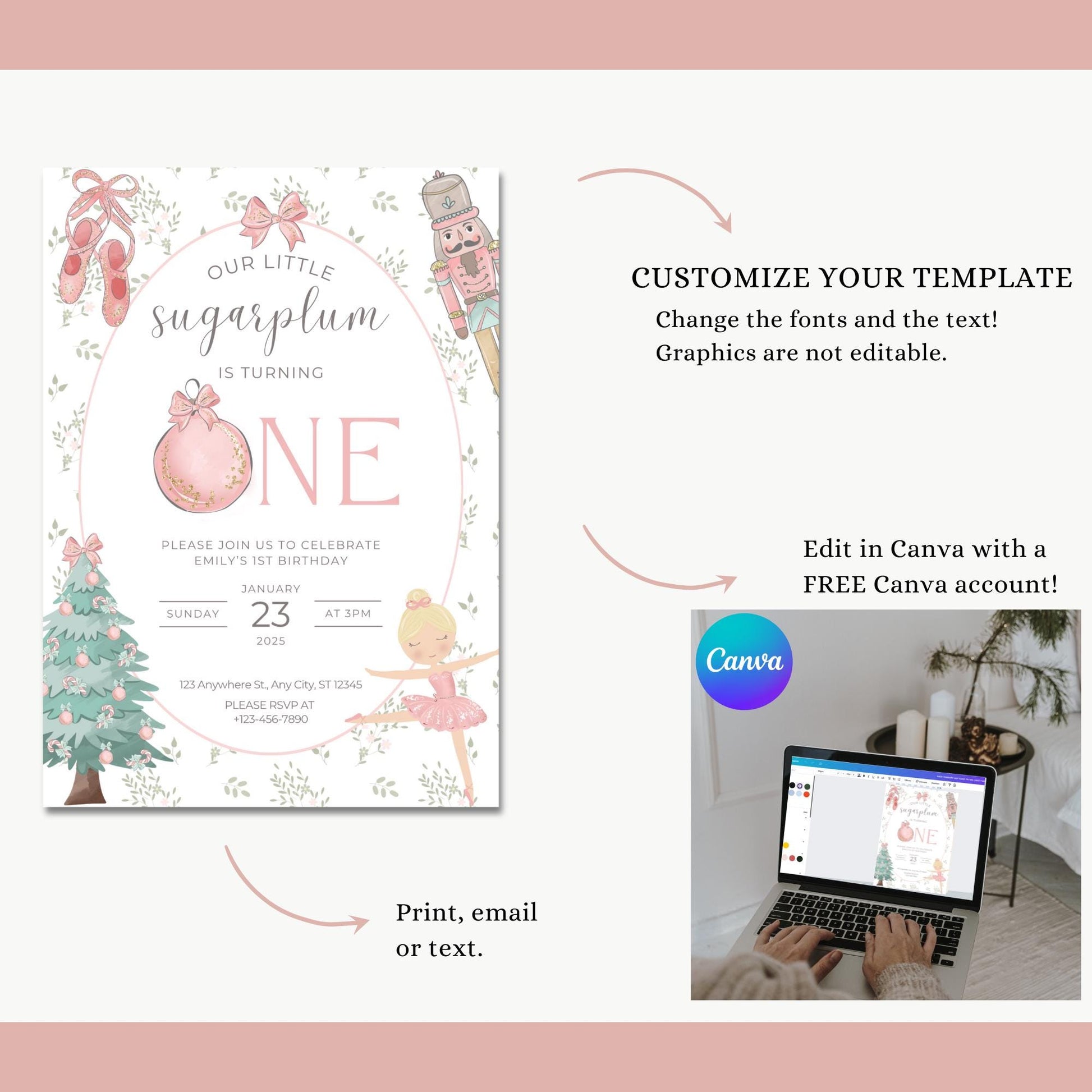 Nutcracker Birthday Invitation Set, Sugarplum Fairy First Birthday Invitation, Nutcracker Invitation with Banner, Party Favor Tags, and Sign