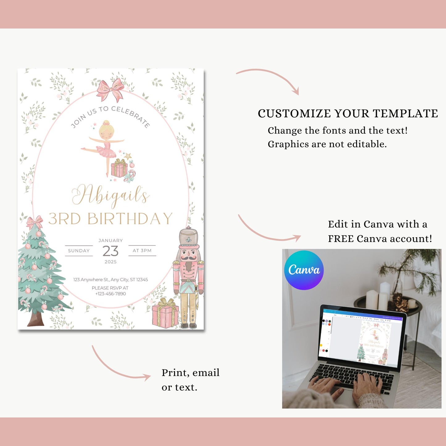 Nutcracker Birthday Invitation, Editable Sugar Plum Fairy Template, Instant Download for Winter Birthday Party