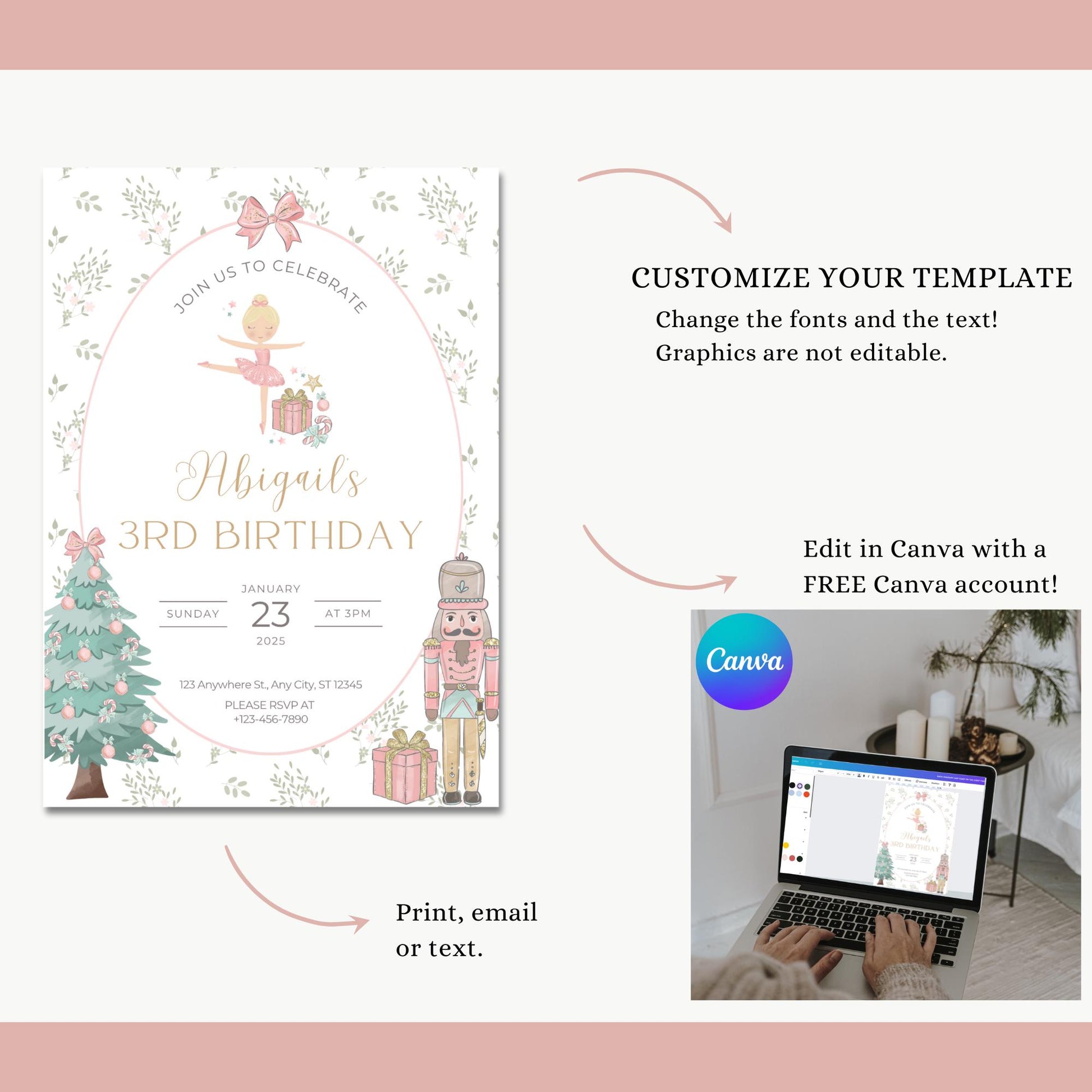 Nutcracker Birthday Invitation, Editable Sugar Plum Fairy Template, Instant Download for Winter Birthday Party