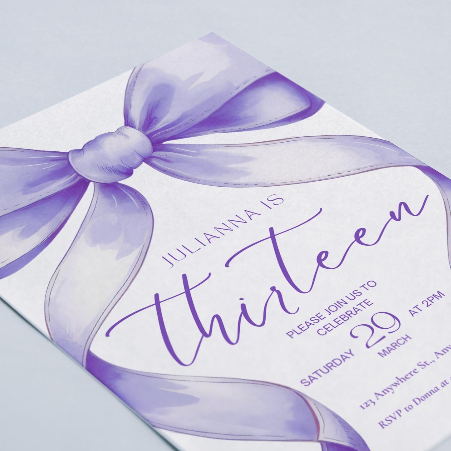 13th birthday invitation girl Purple Coquette Invite 13 year old girl Birthday Girl thirteenth Purple Bow Birthday Teen Birthday Party